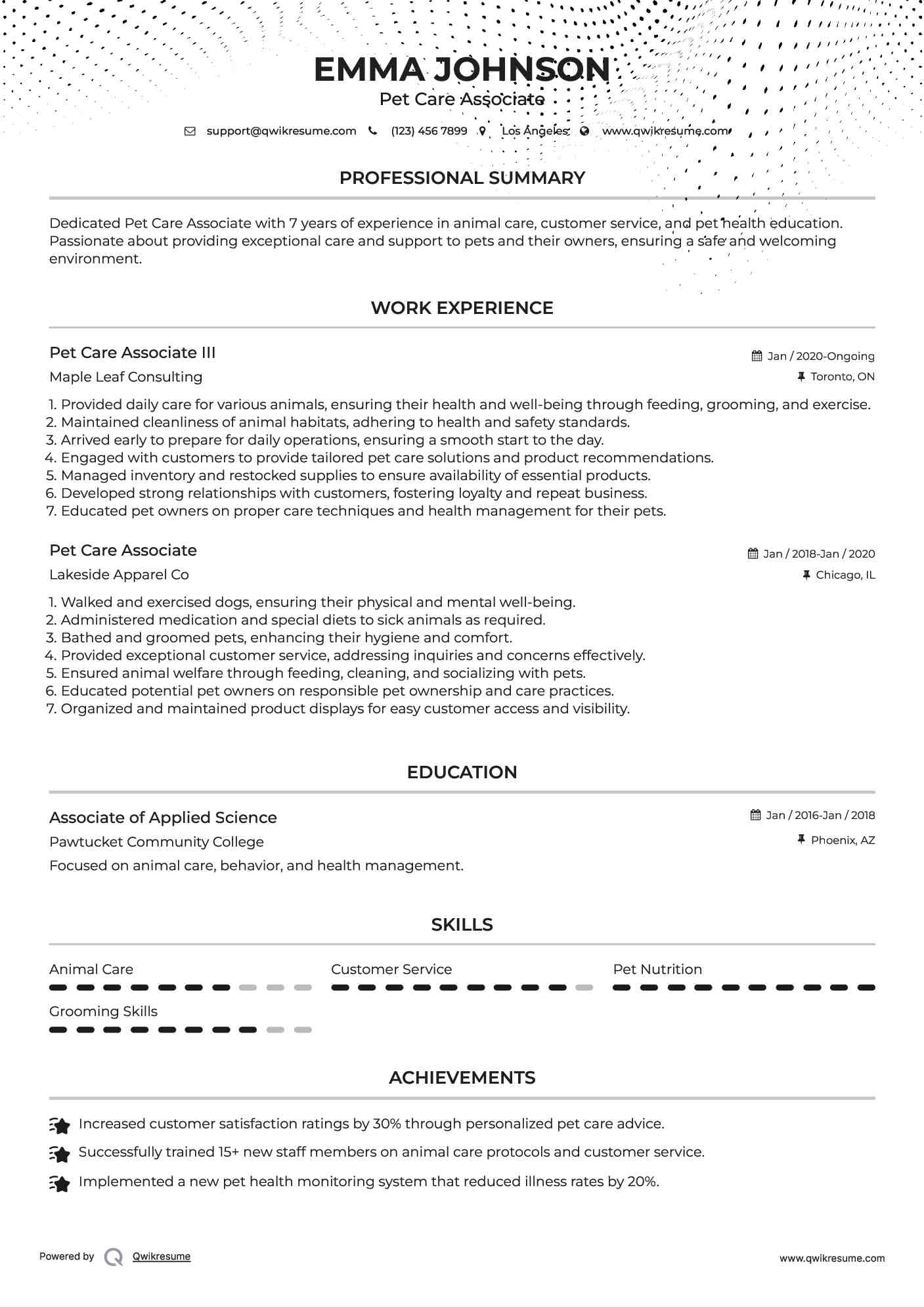 Pet Care Associate III Resume Template