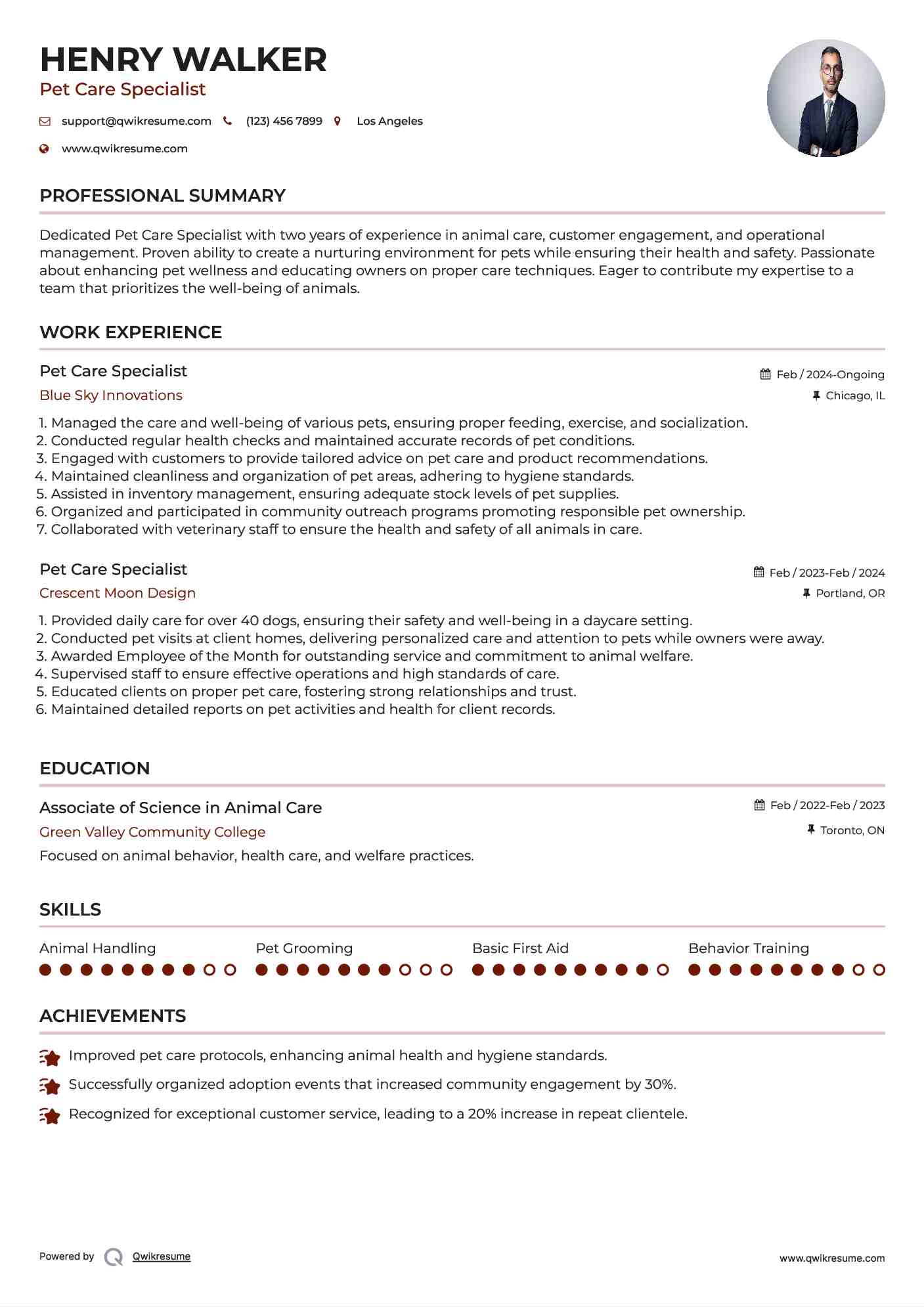 Pet Care Specialist Resume Template