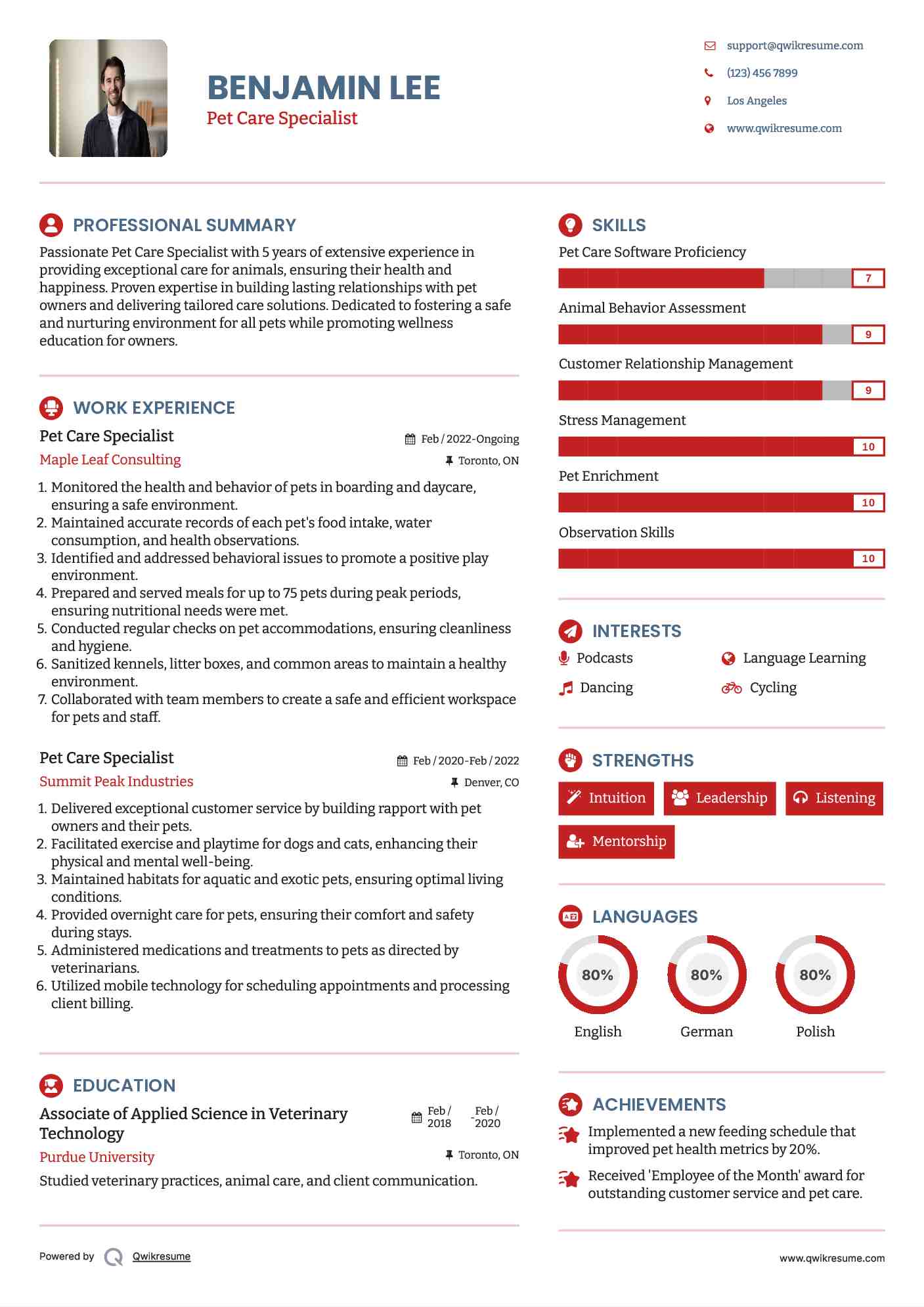 Pet Care Specialist Resume Example