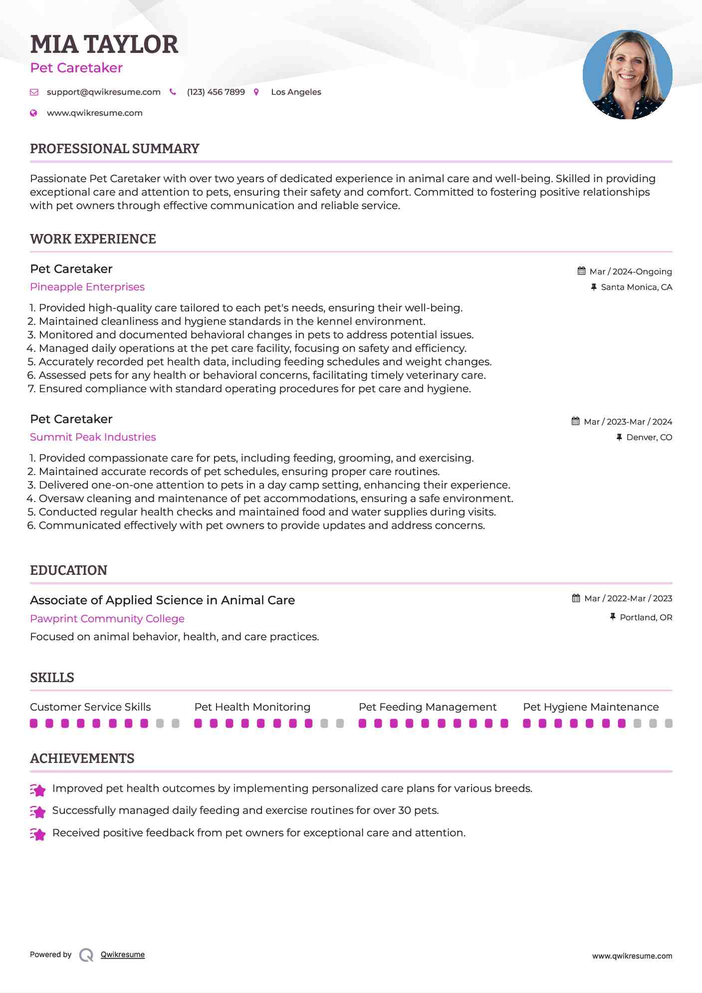 Pet Caretaker Resume Sample