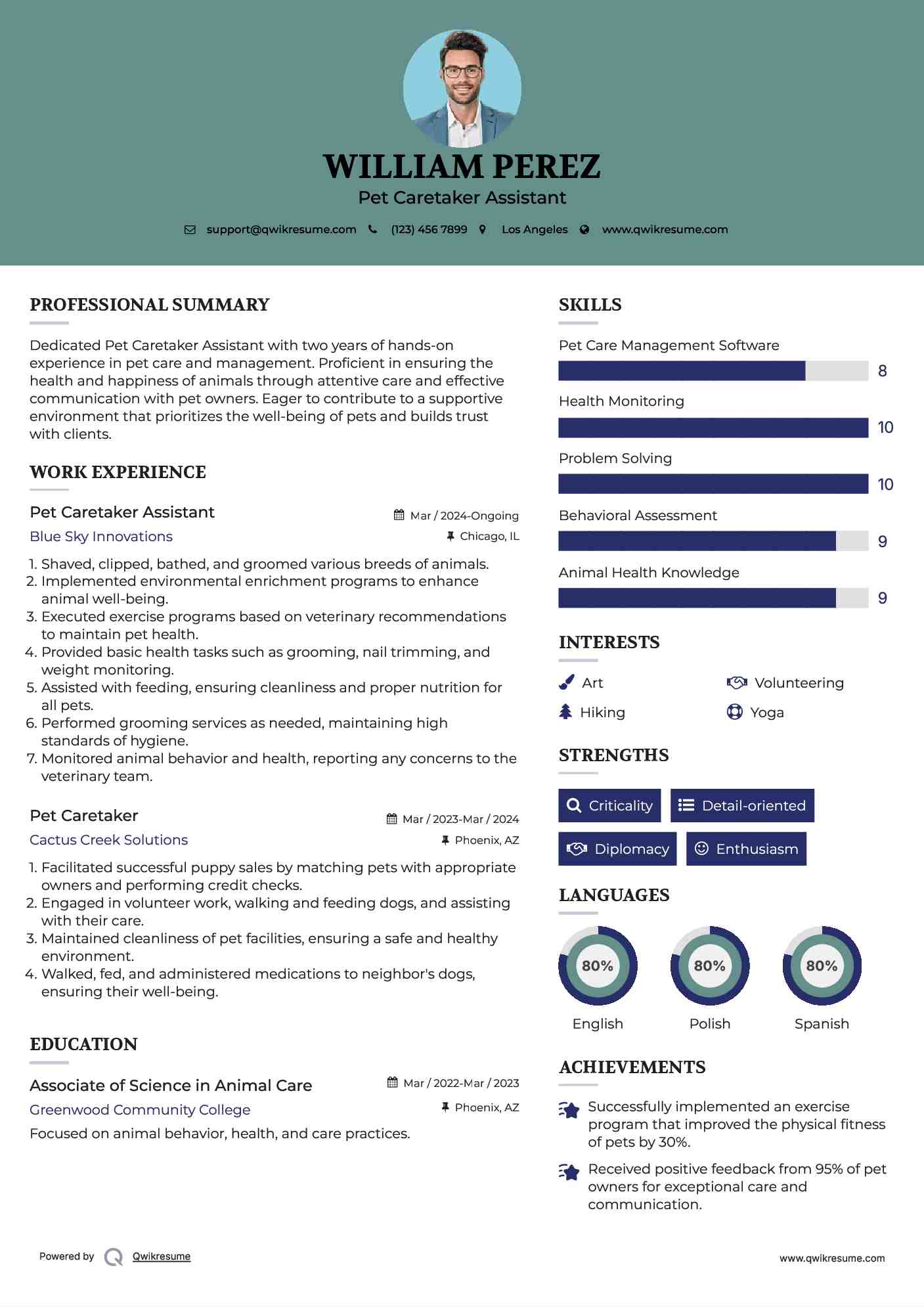 Pet Caretaker Assistant Resume Template