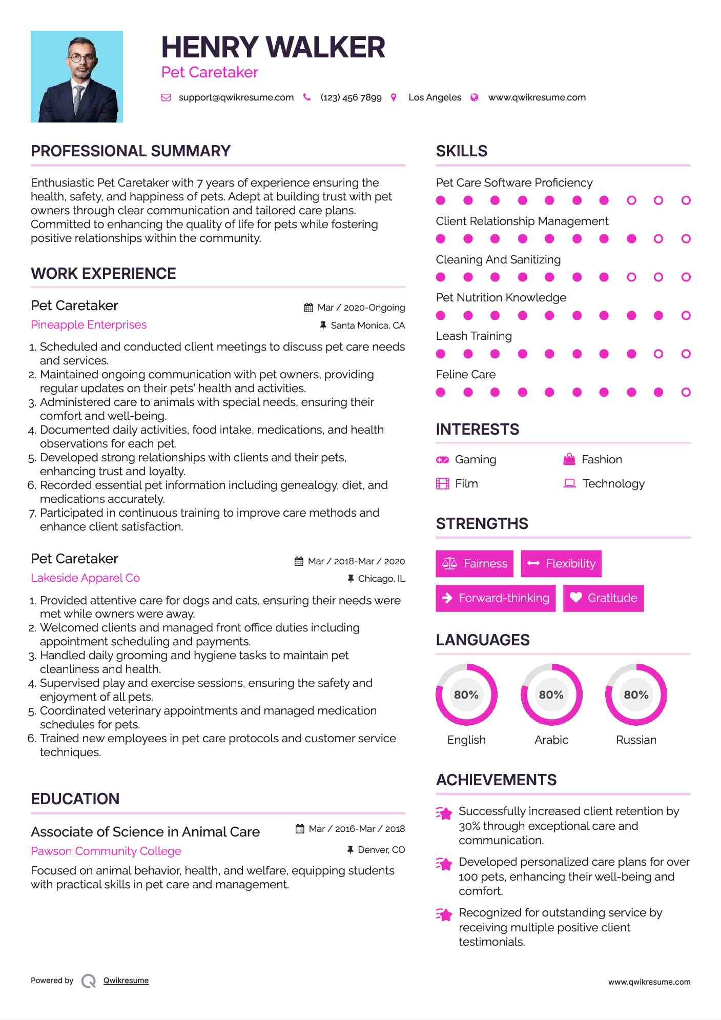 Pet Caretaker Resume Model