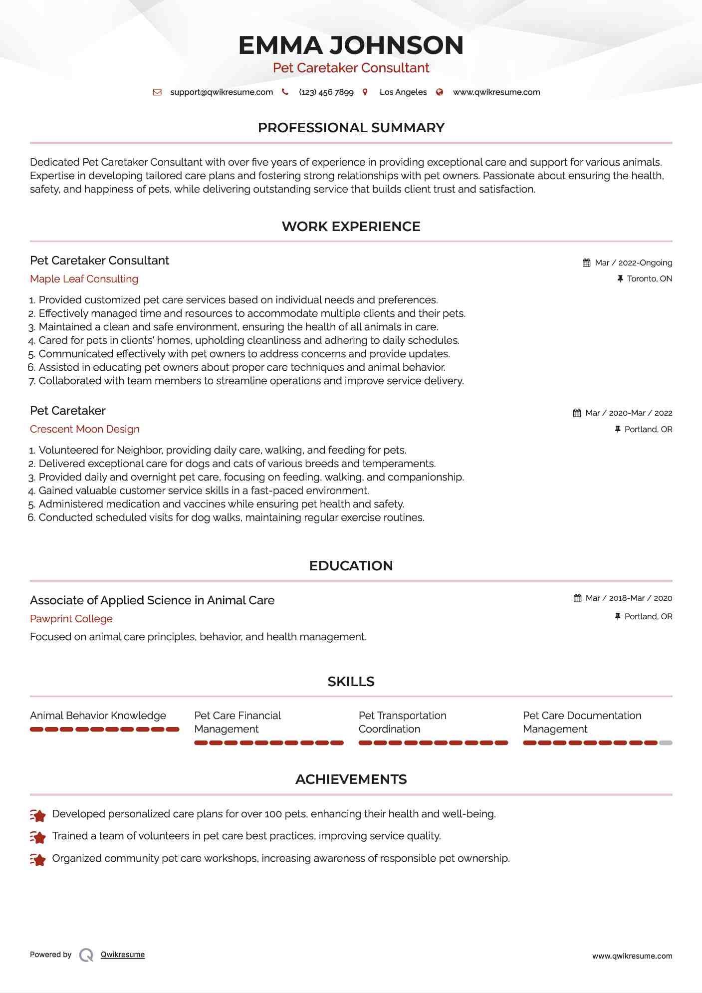 Pet Caretaker Consultant Resume Template