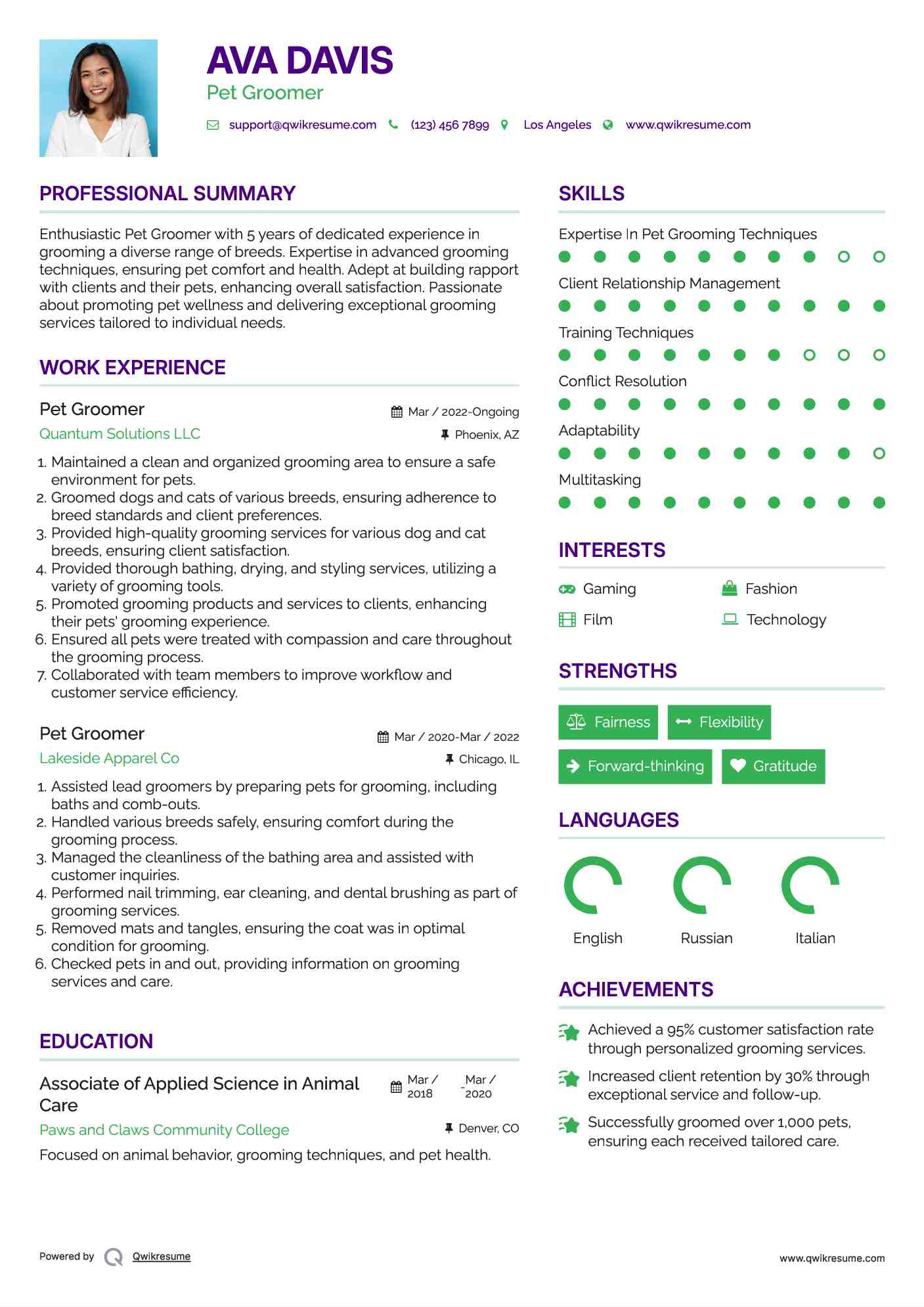 Pet Groomer Resume Sample