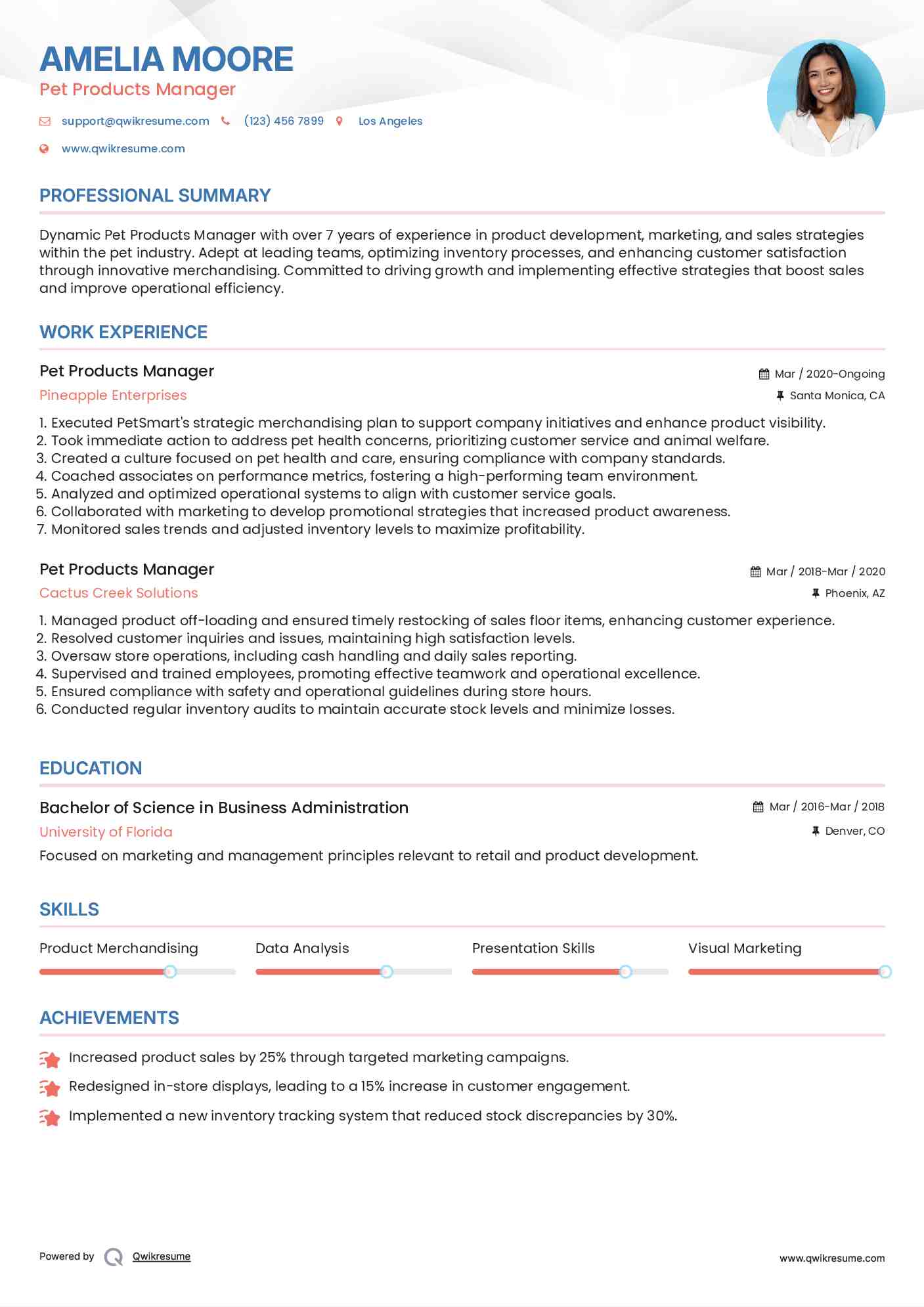 Pet Products Manager Resume Model