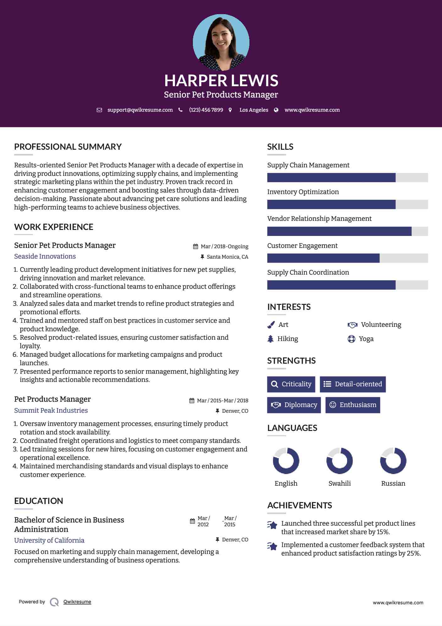 Senior Pet Products Manager Resume Format