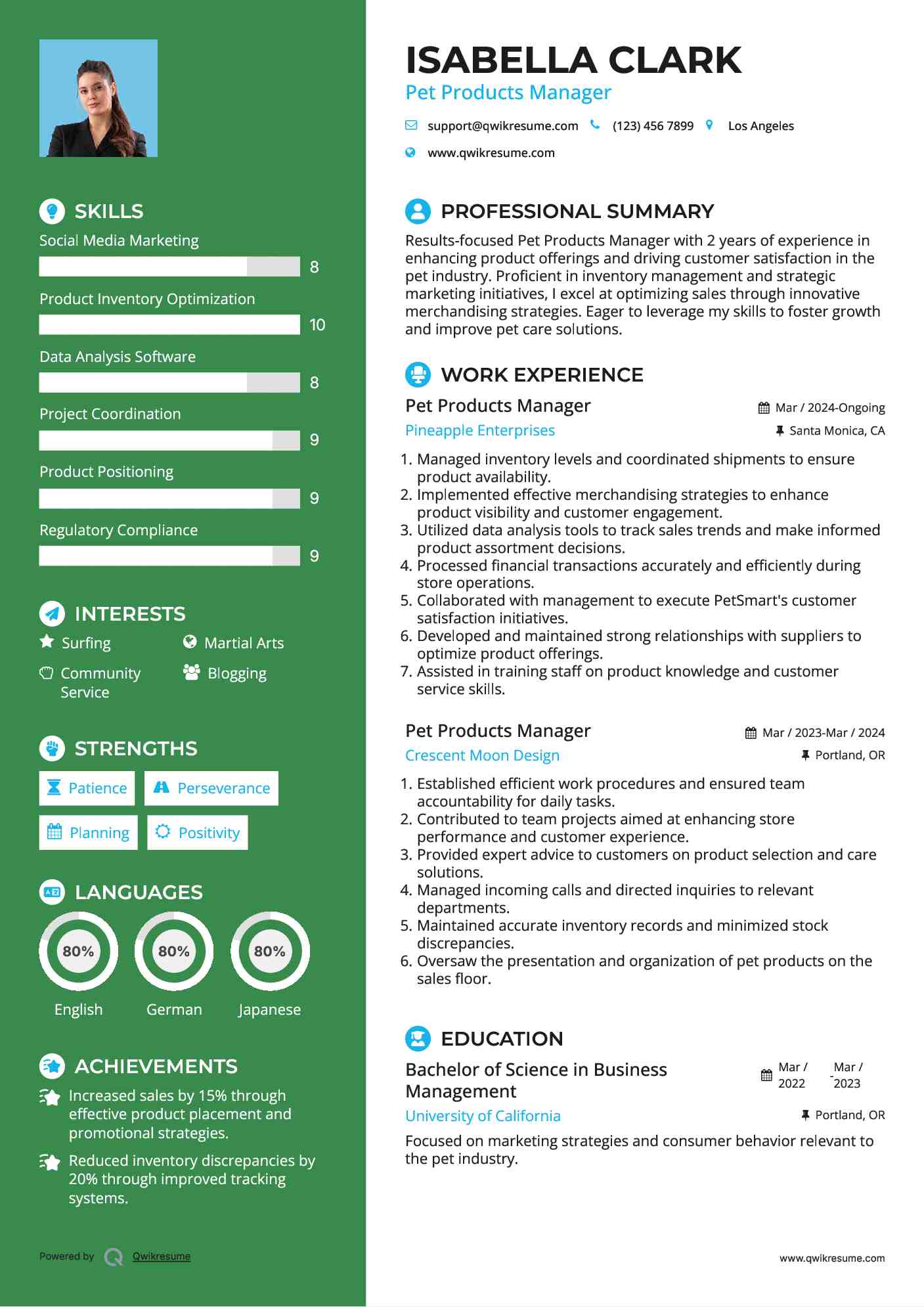 Pet Products Manager Resume Format