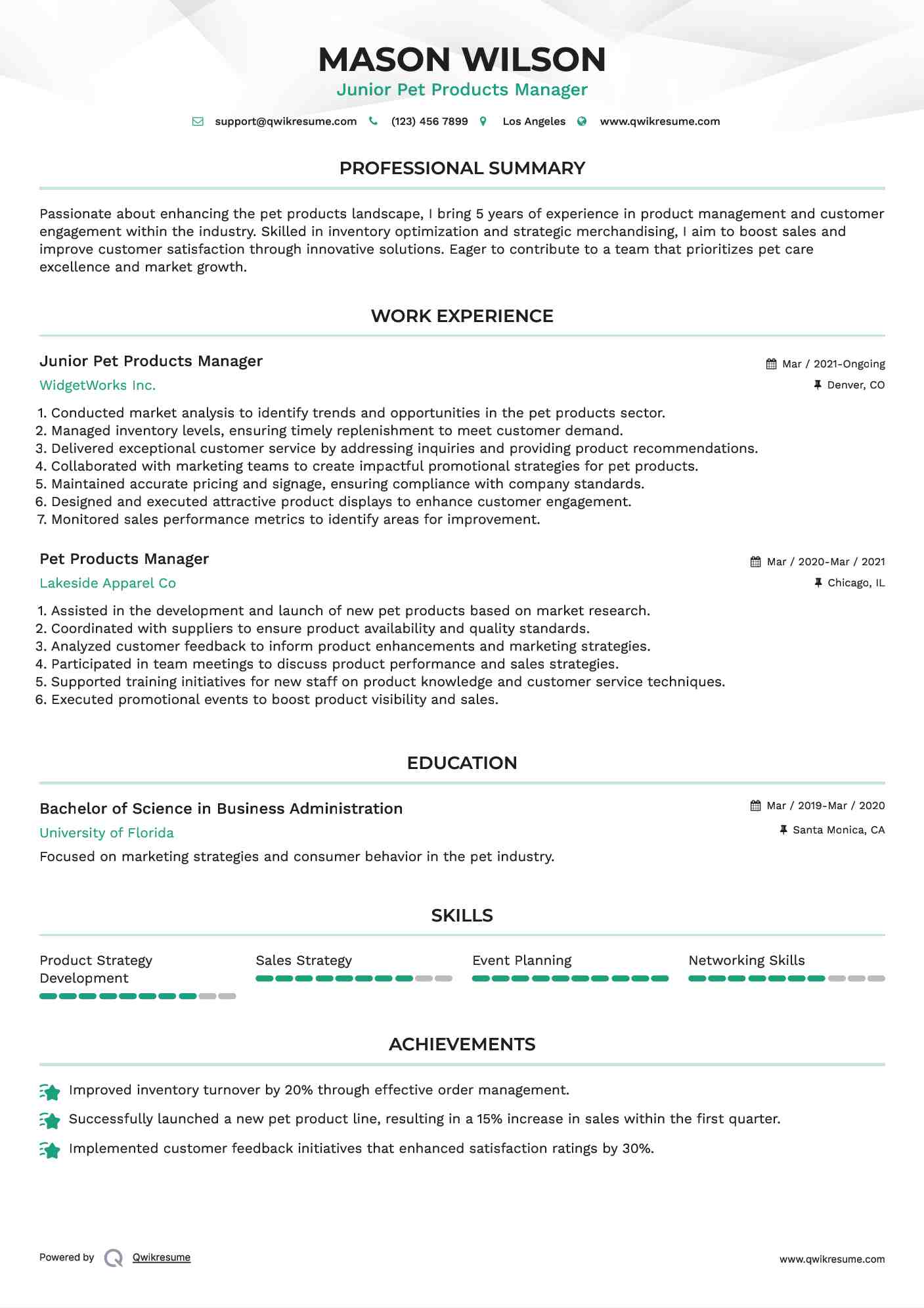 Junior Pet Products Manager Resume Template