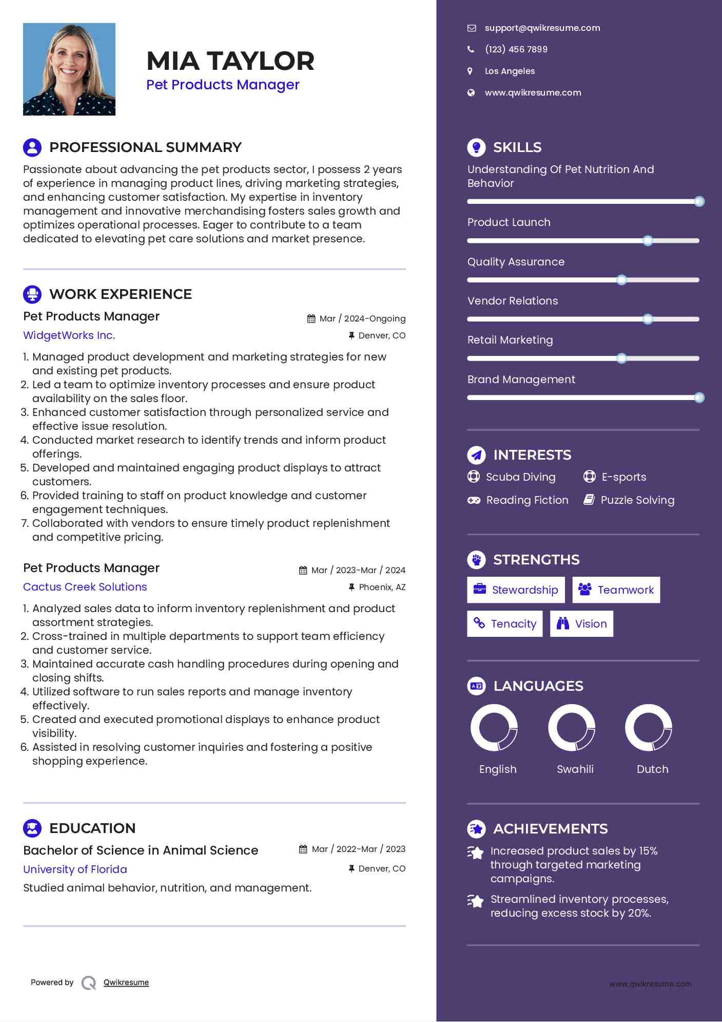 Pet Products Manager Resume Sample