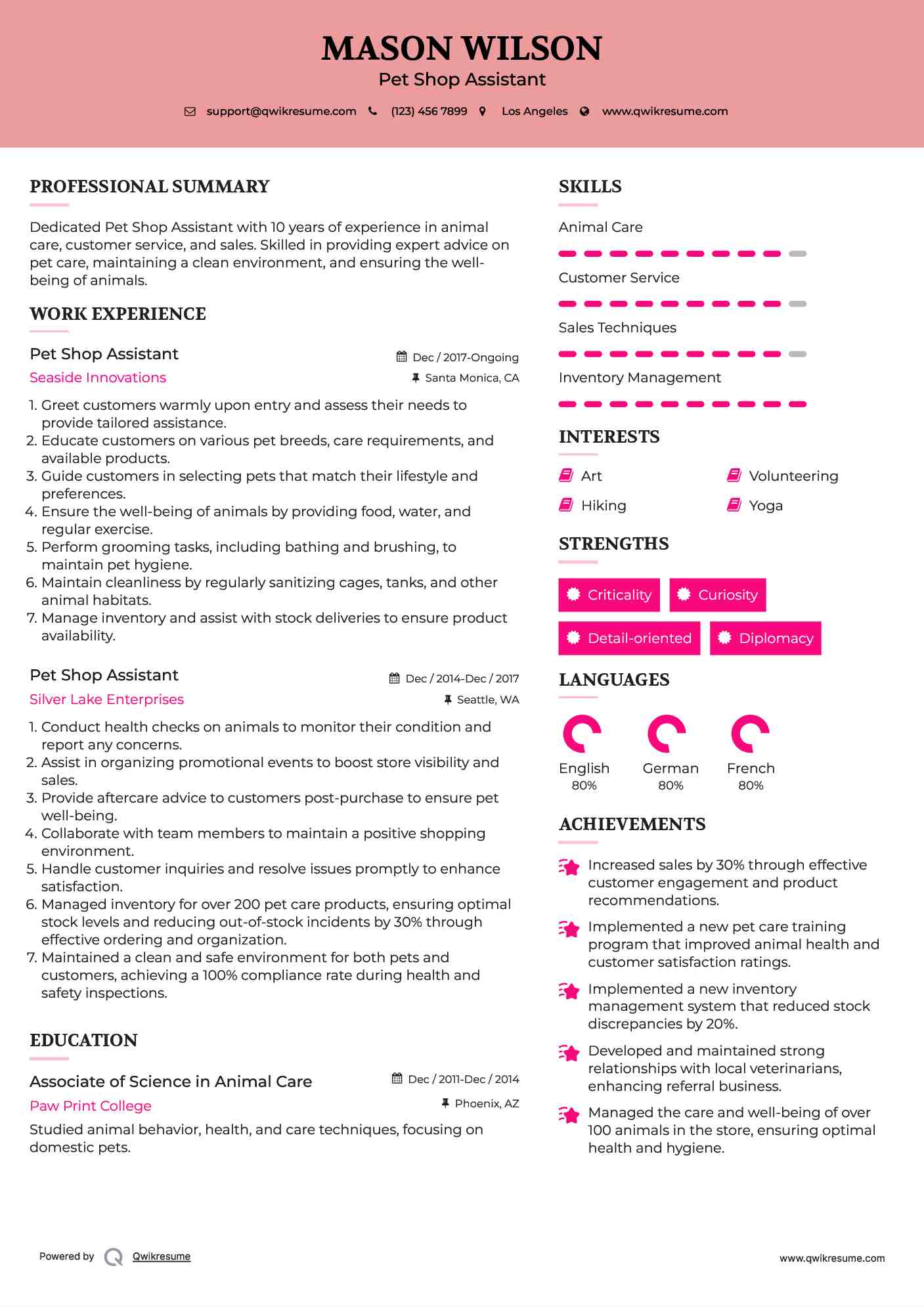 Pet Shop Assistant Resume Model