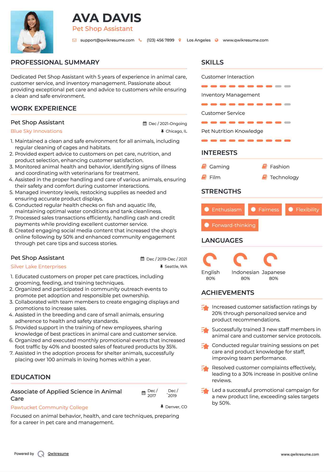 Pet Shop Assistant Resume Example