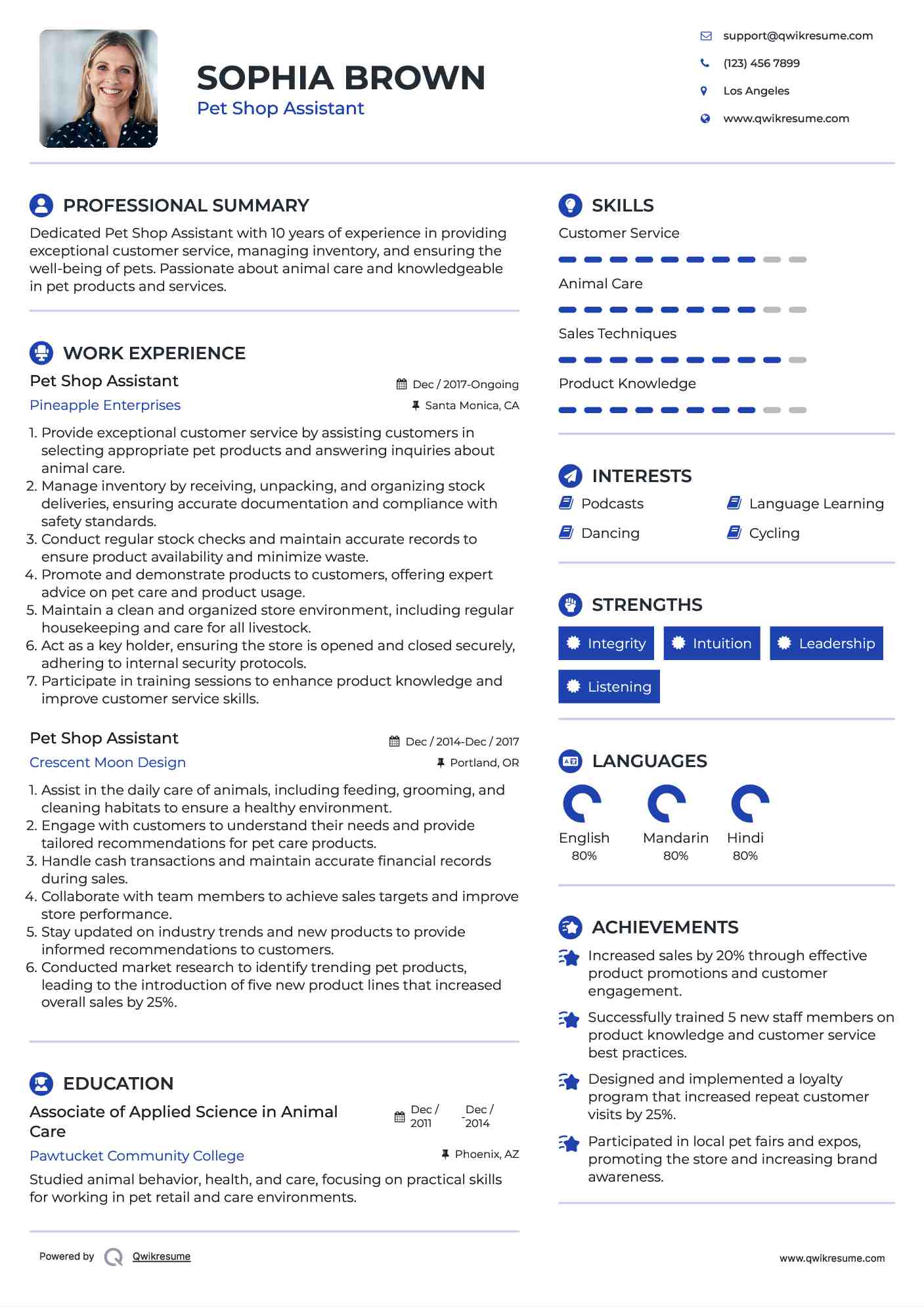 Pet Shop Assistant Resume Samples QwikResume