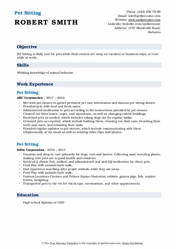 Pet Sitting Resume Samples QwikResume