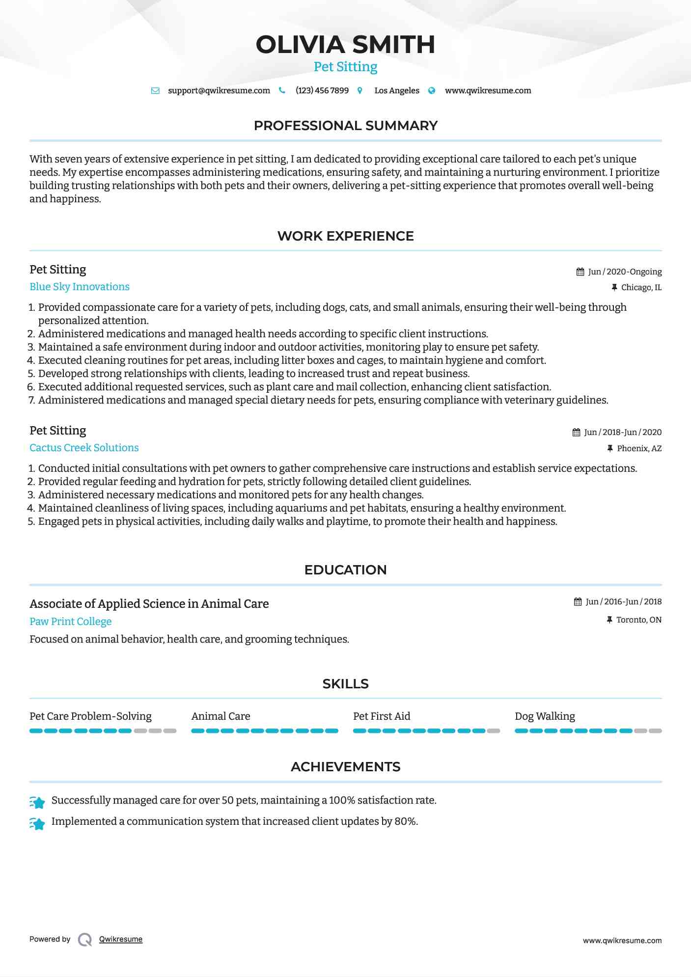 Pet Sitting Resume Sample