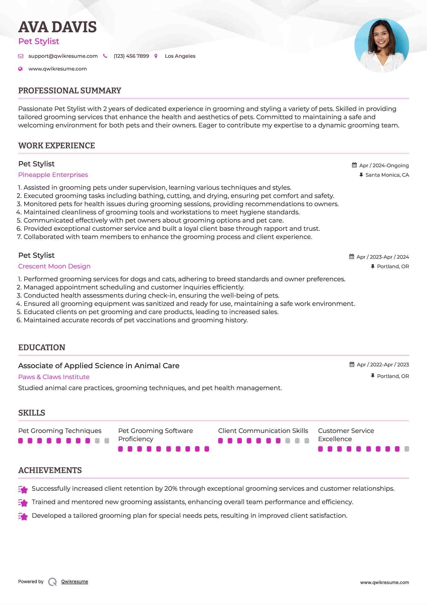 Pet Stylist Resume Example