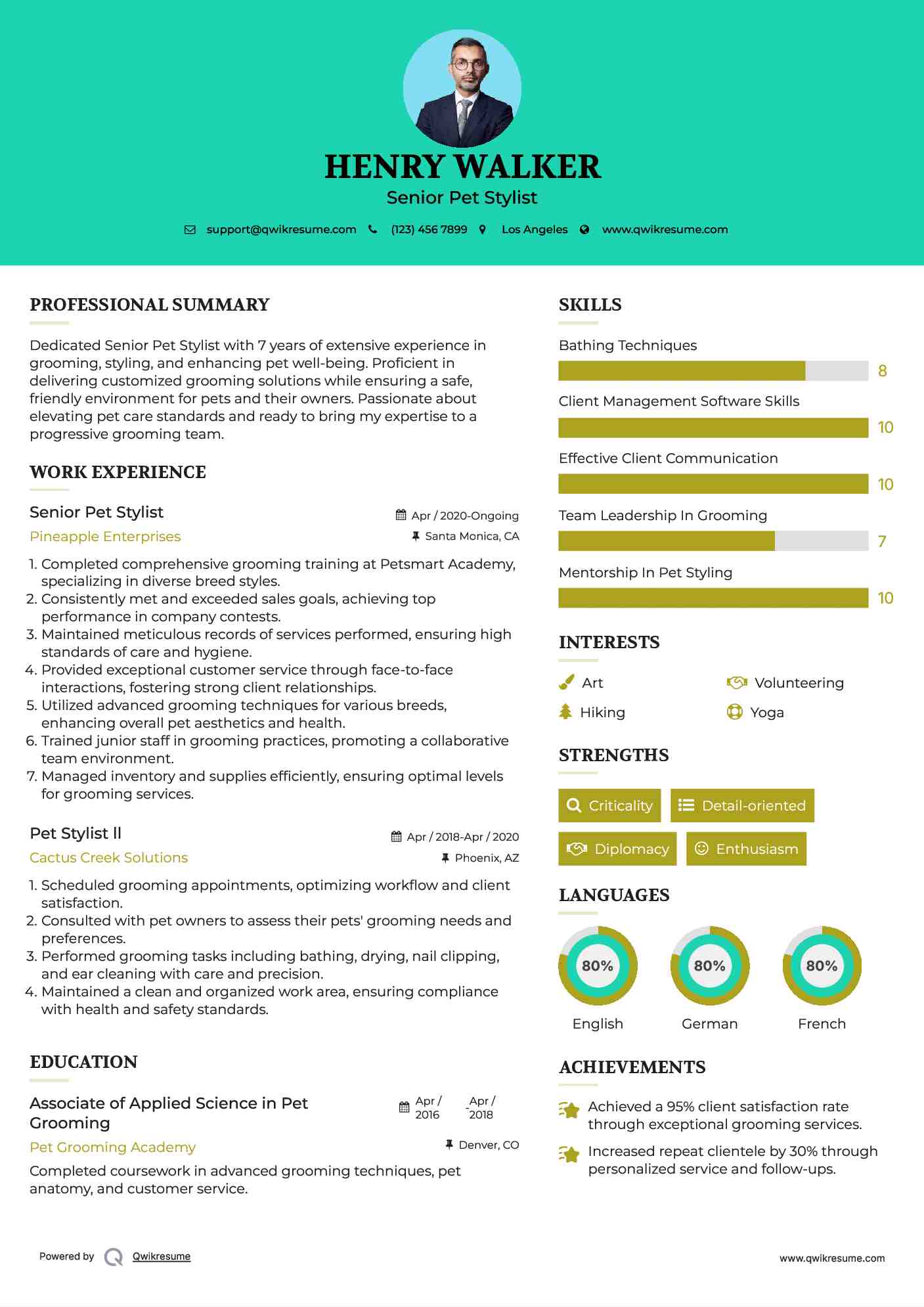 Senior Pet Stylist Resume Example