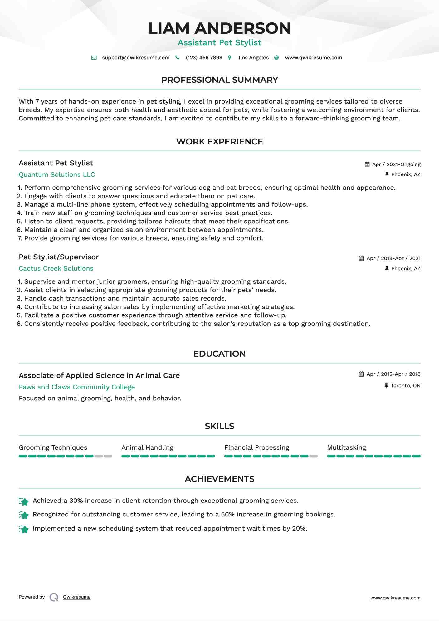 Assistant Pet Stylist Resume Example