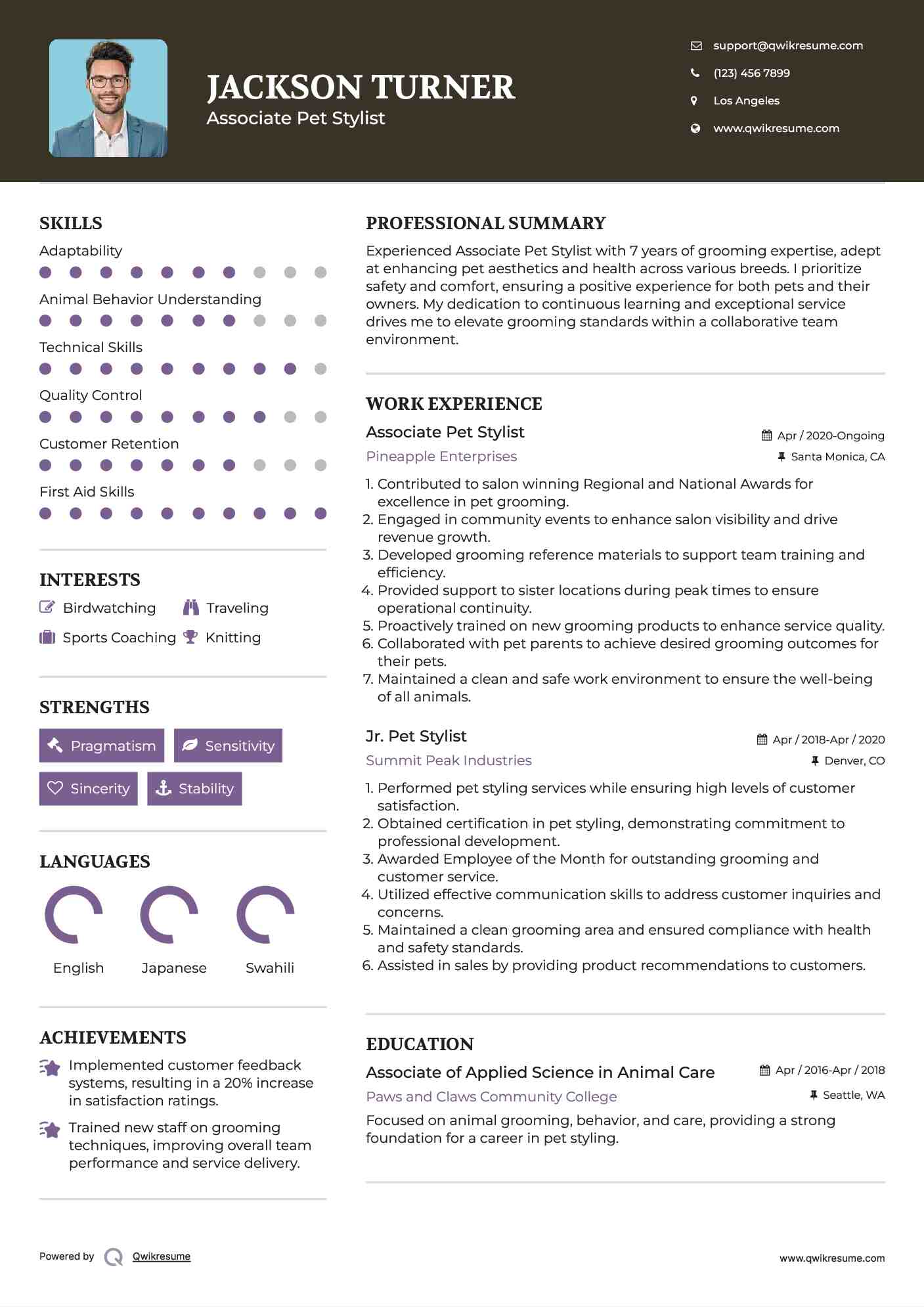 Associate Pet Stylist Resume Sample