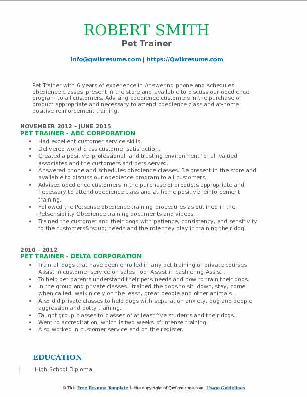 Pet Trainer Resume Samples QwikResume