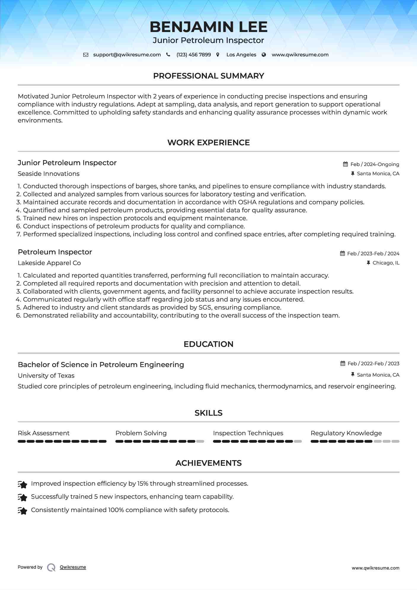 Junior Petroleum Inspector Resume Template