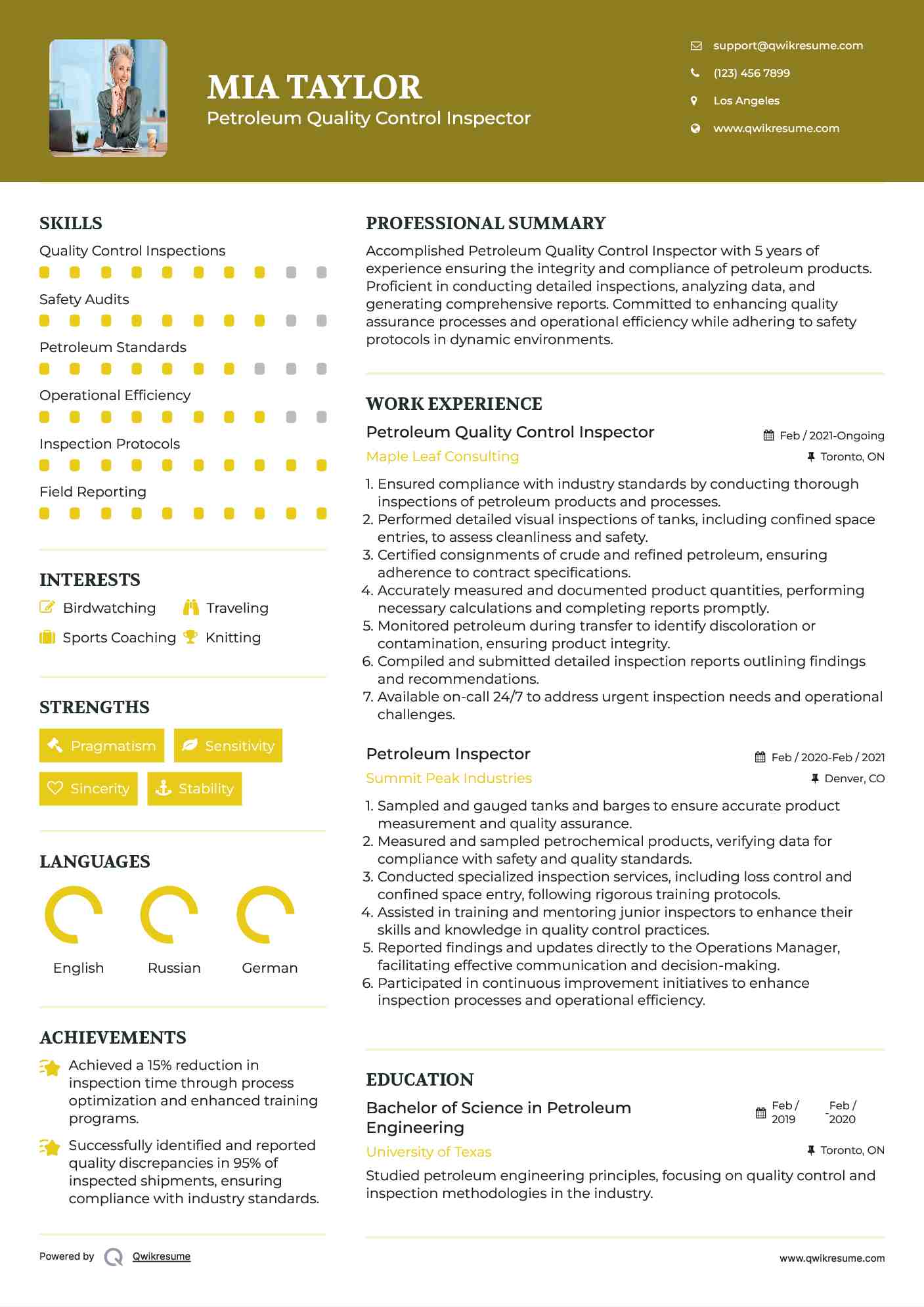 Petroleum Quality Control Inspector Resume Example