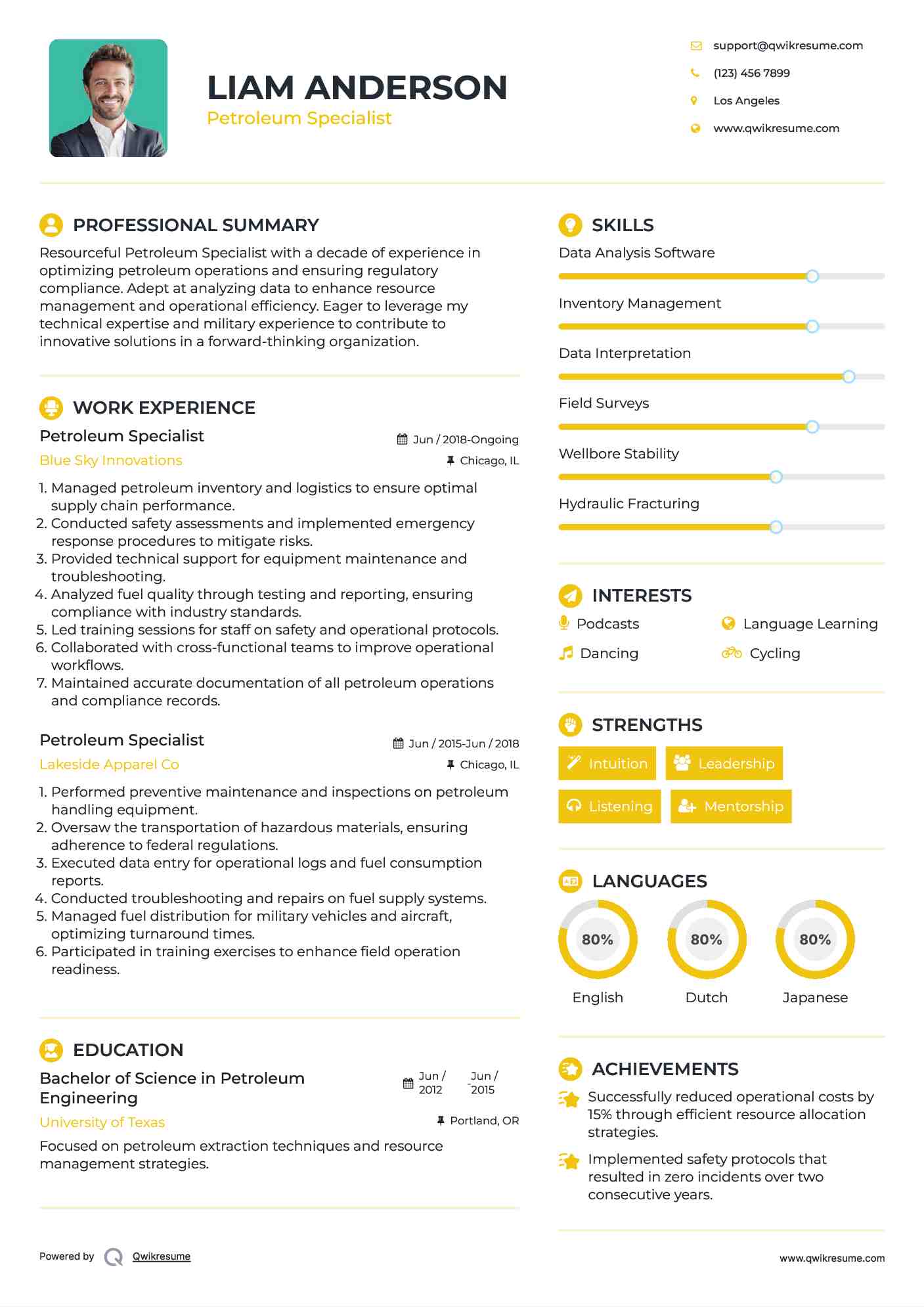 Petroleum Specialist Resume Example