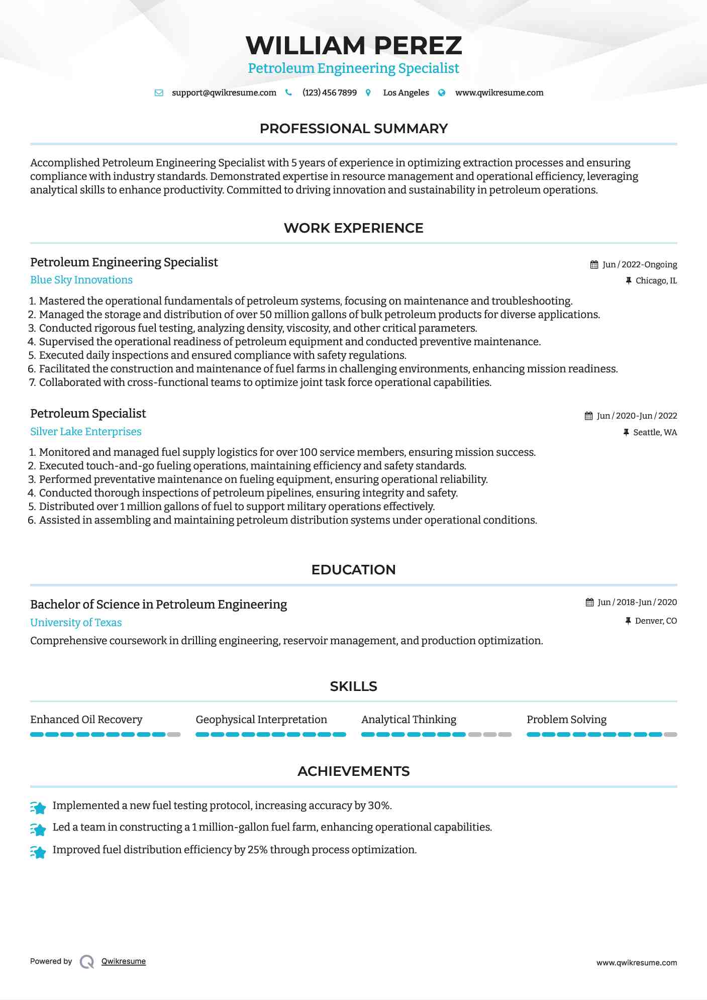 Petroleum Engineering Specialist Resume Sample