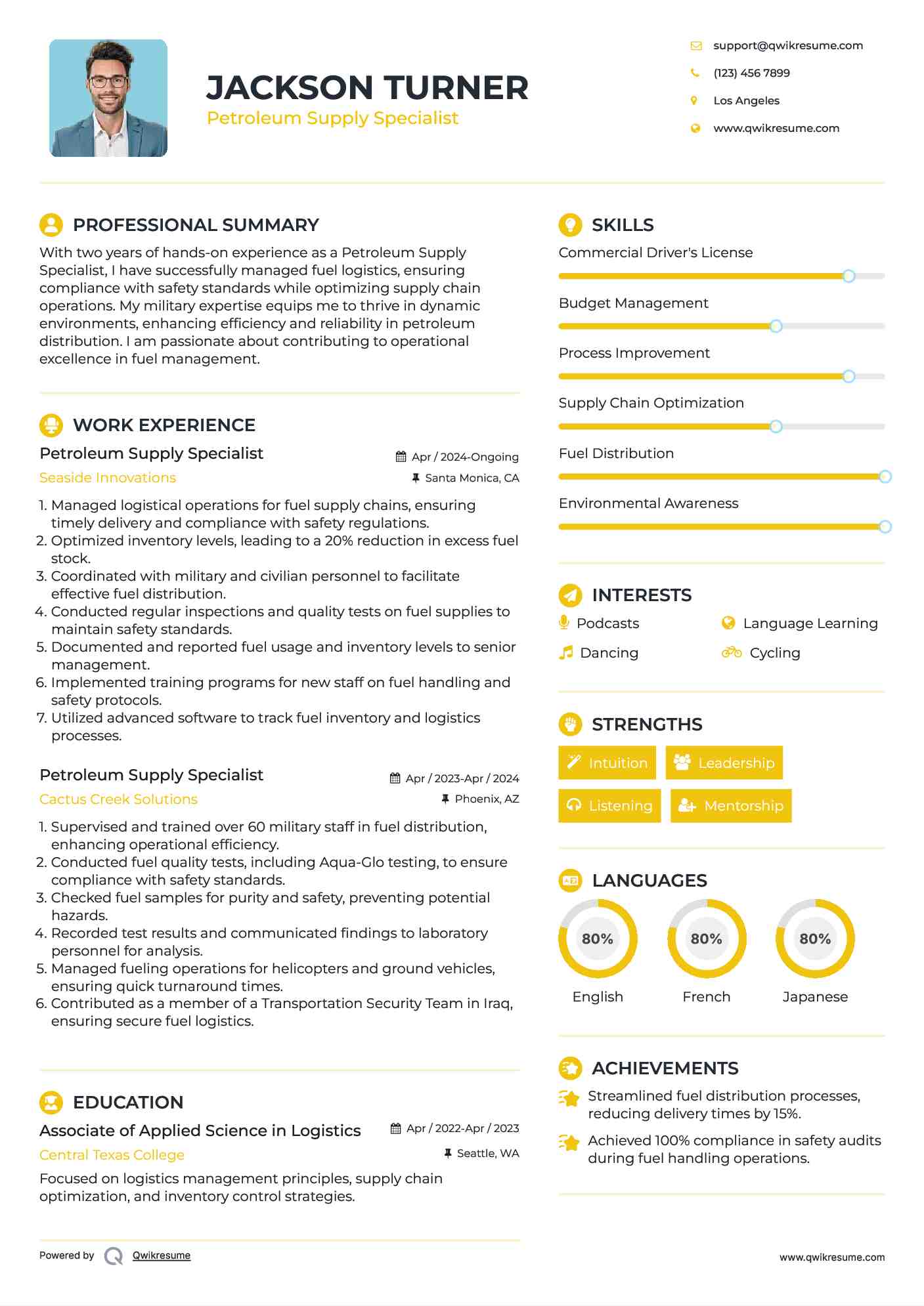 Petroleum Supply Specialist Resume Sample