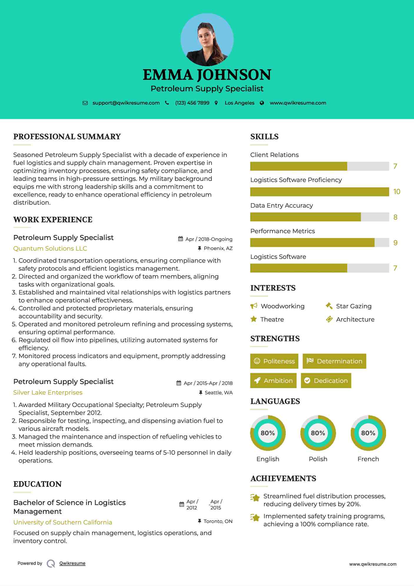 Petroleum Supply Specialist Resume Example