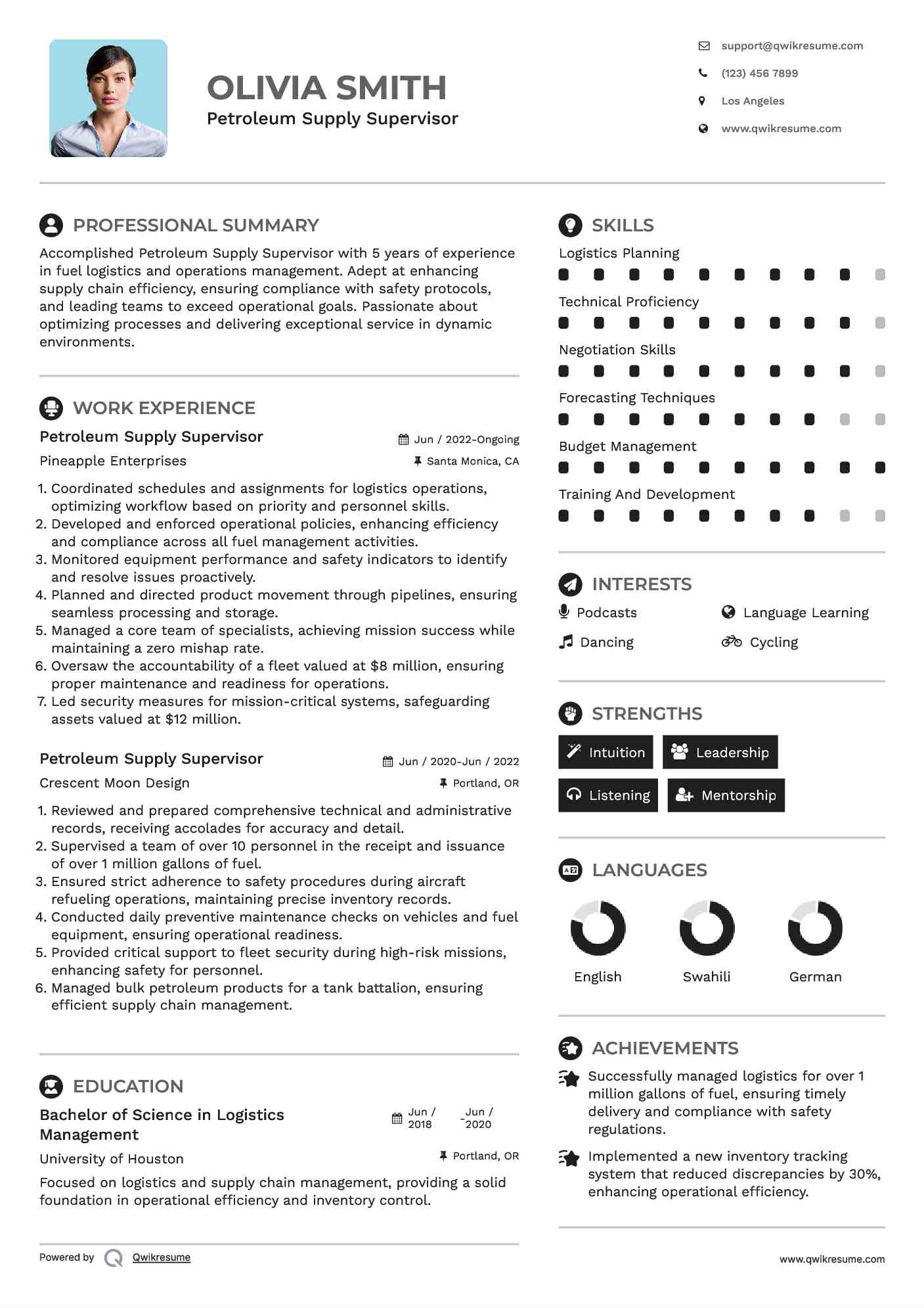 Petroleum Supply Supervisor Resume Example