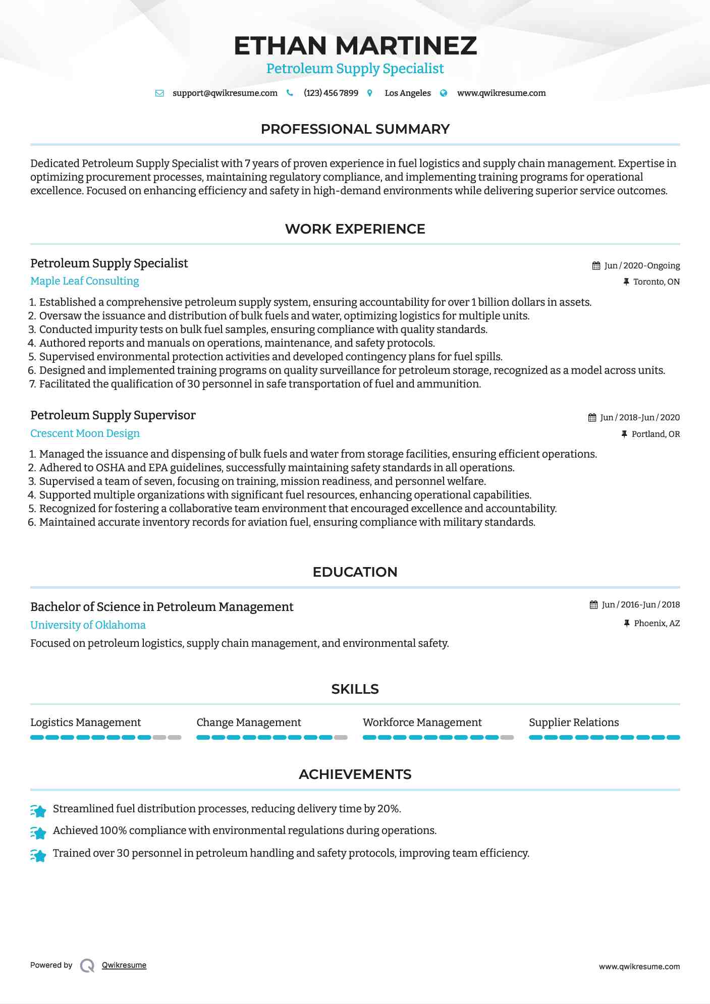 Petroleum Supply Specialist Resume Sample