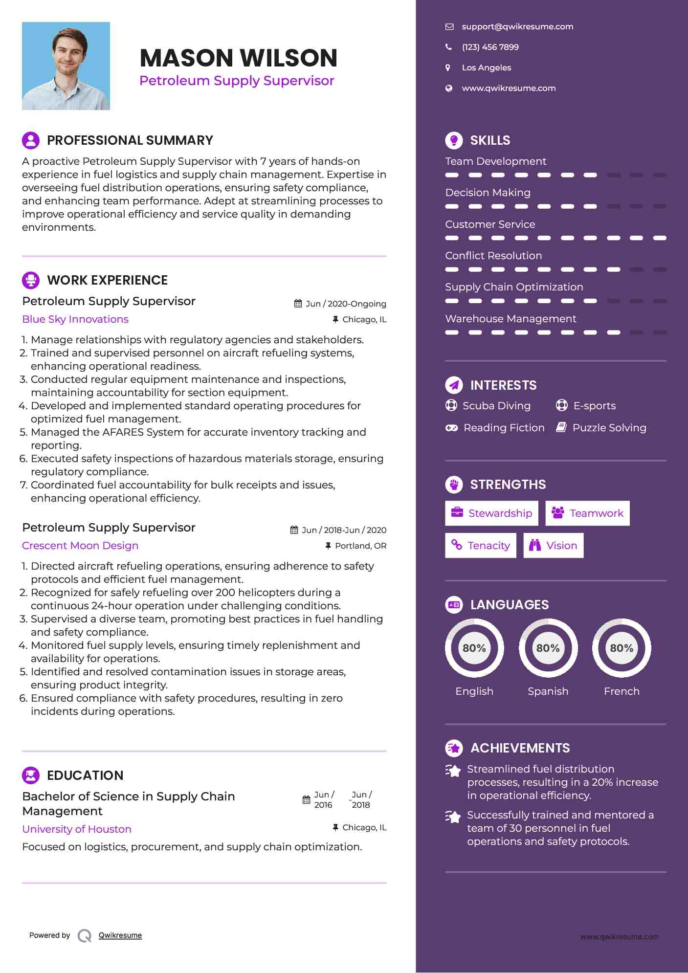 Petroleum Supply Supervisor Resume Example