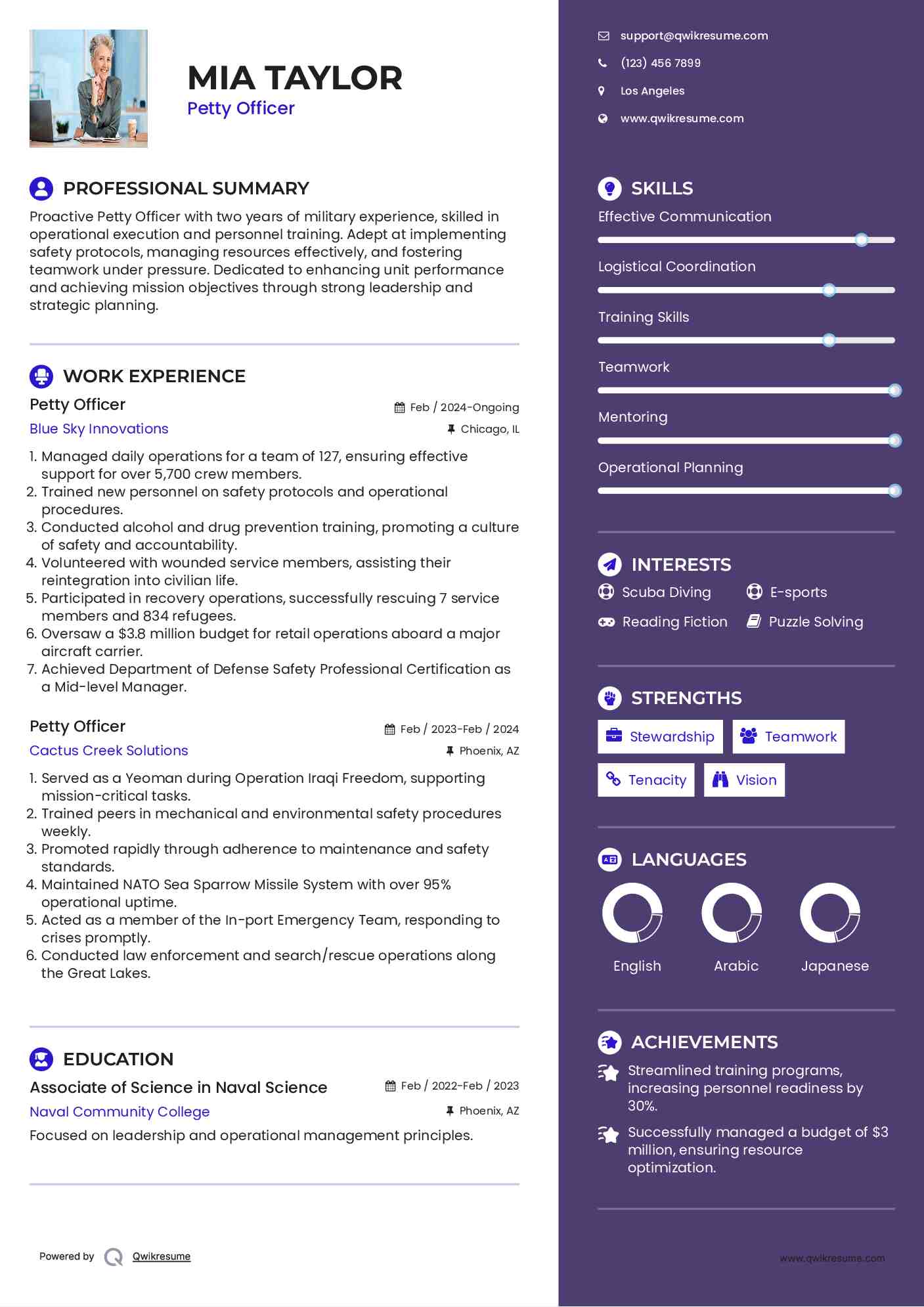 Petty Officer Resume Sample