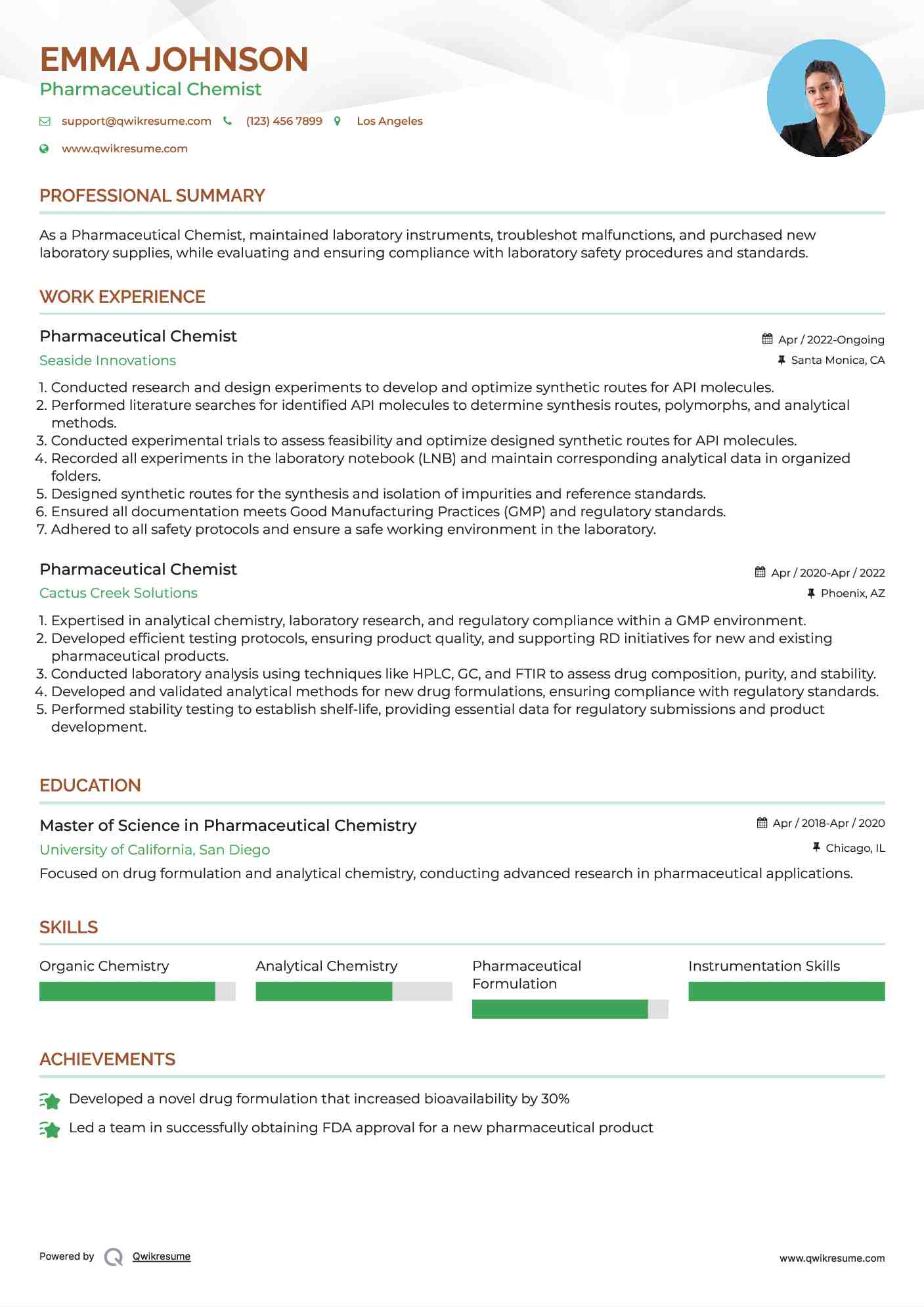 Pharmaceutical Chemist Resume Example