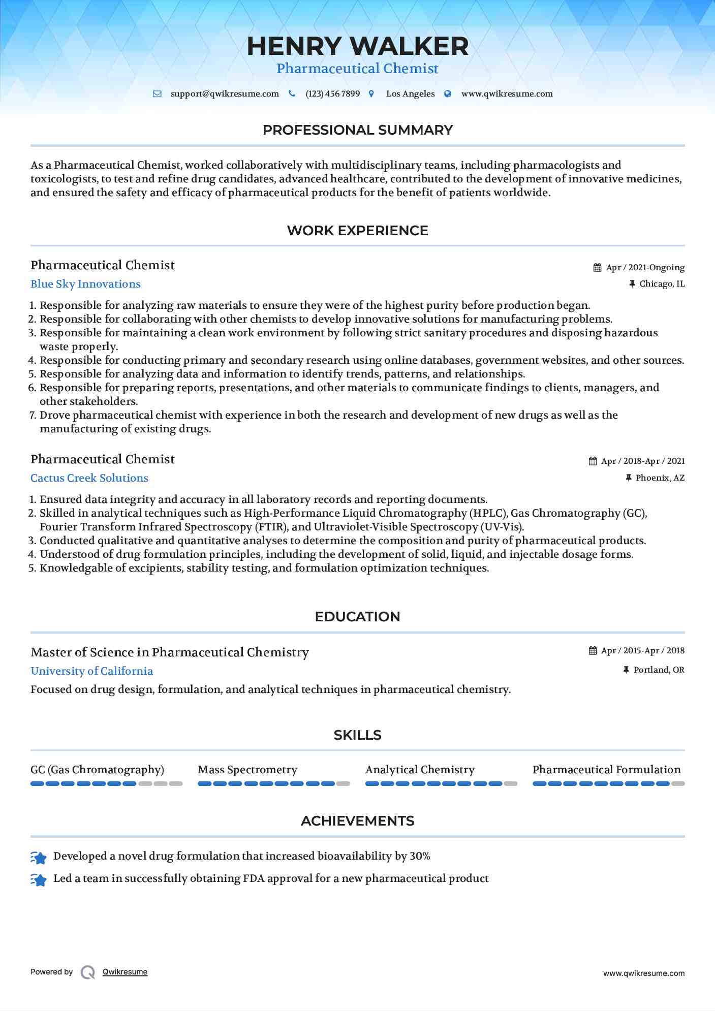 Pharmaceutical Chemist Resume Model