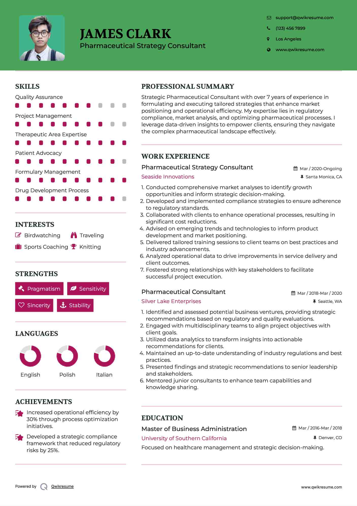 Pharmaceutical Strategy Consultant Resume Example