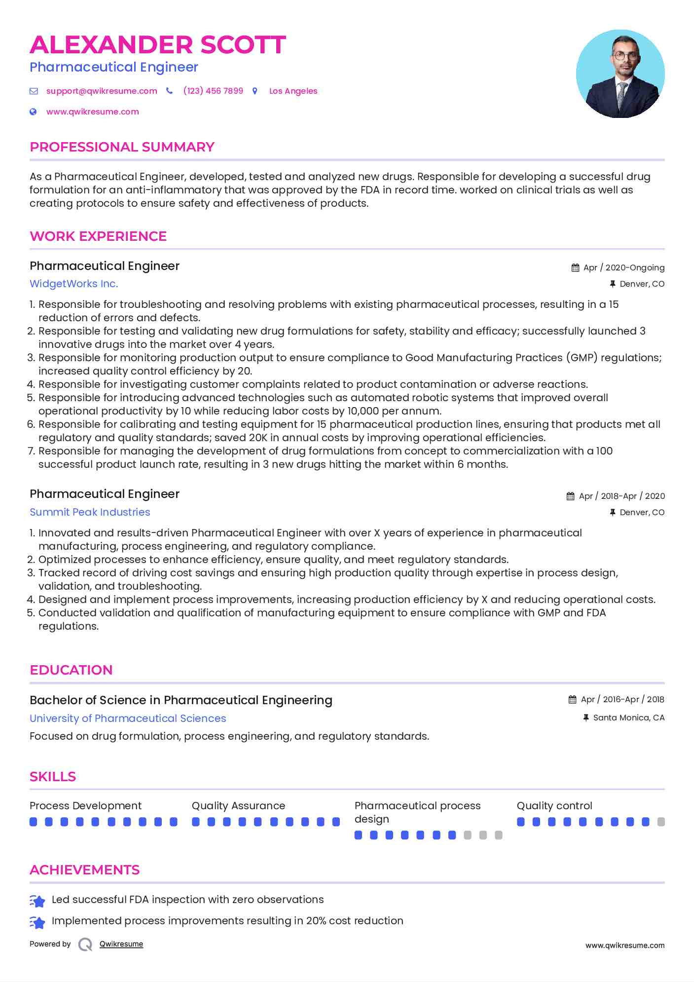 Pharmaceutical Engineer Resume Sample