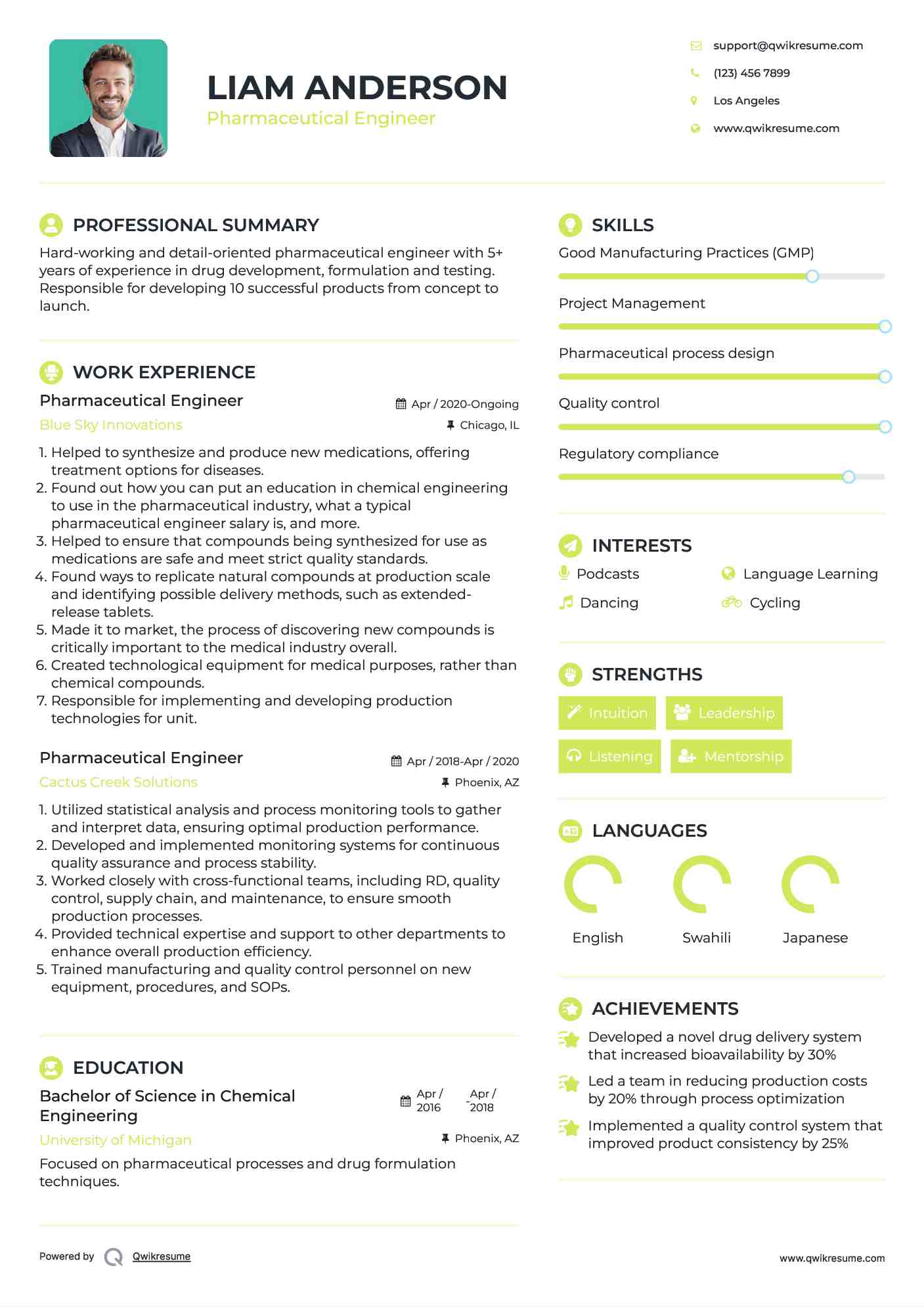 Pharmaceutical Engineer Resume Sample