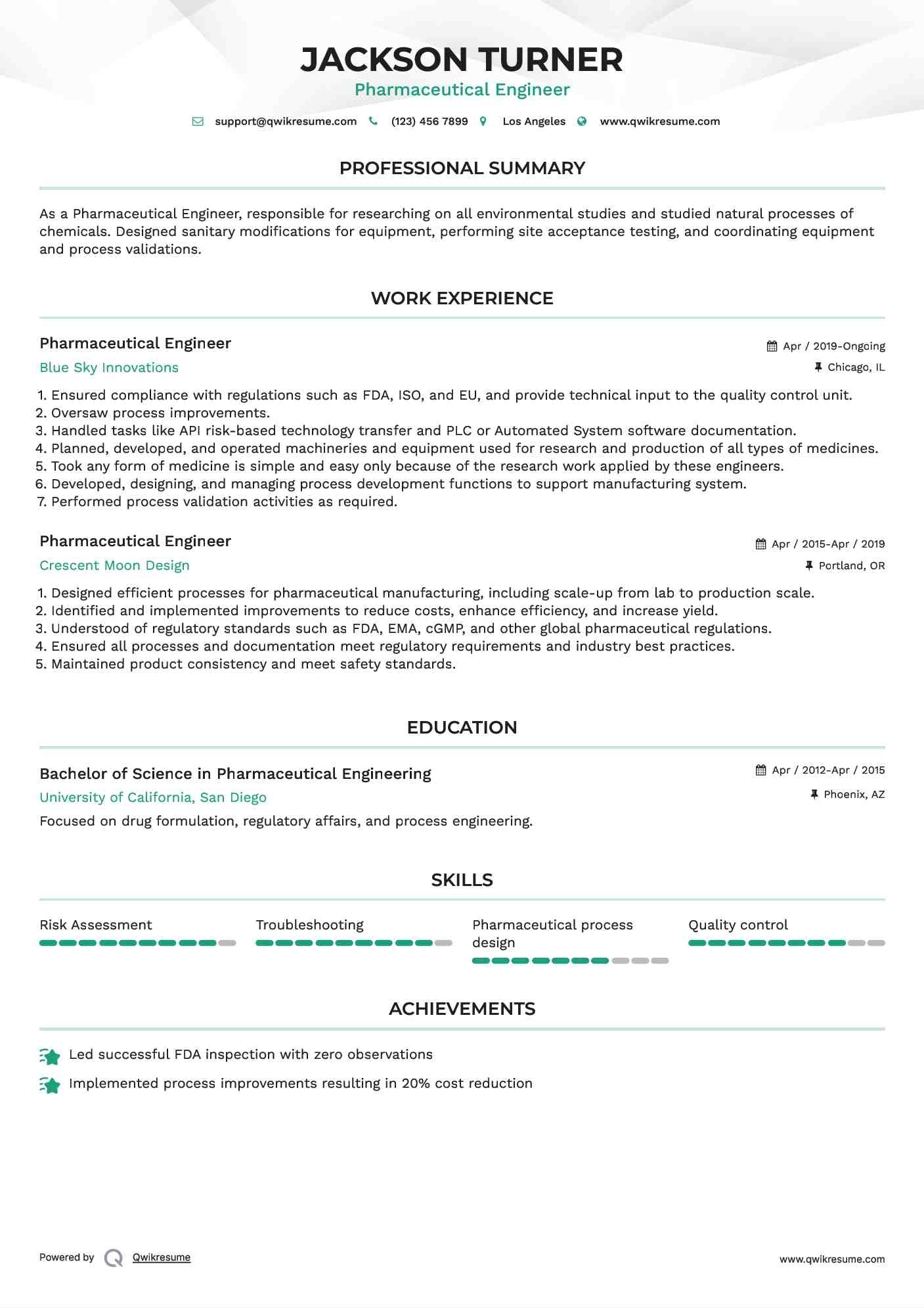 Pharmaceutical Engineer Resume Model