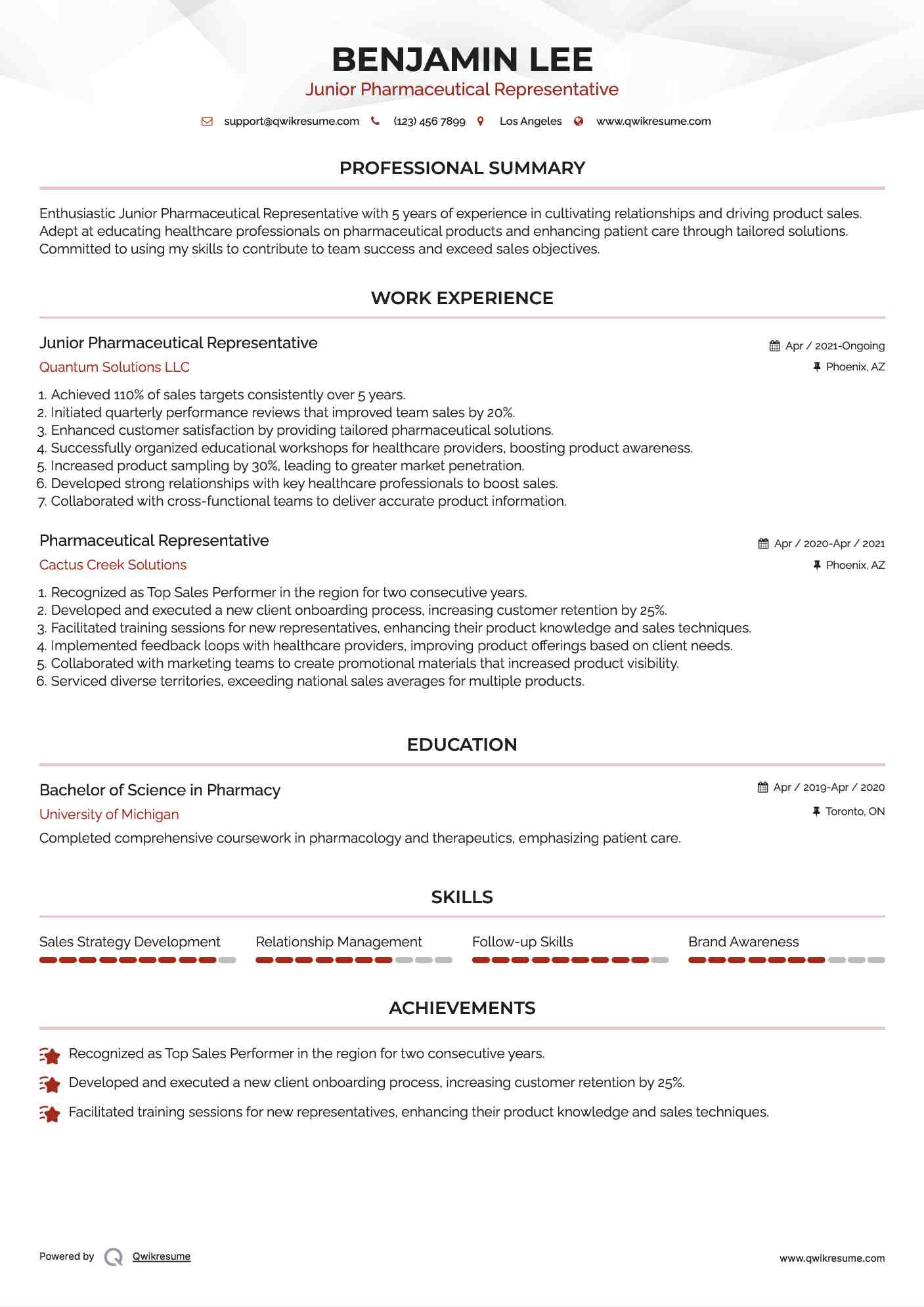 Junior Pharmaceutical Representative Resume Example