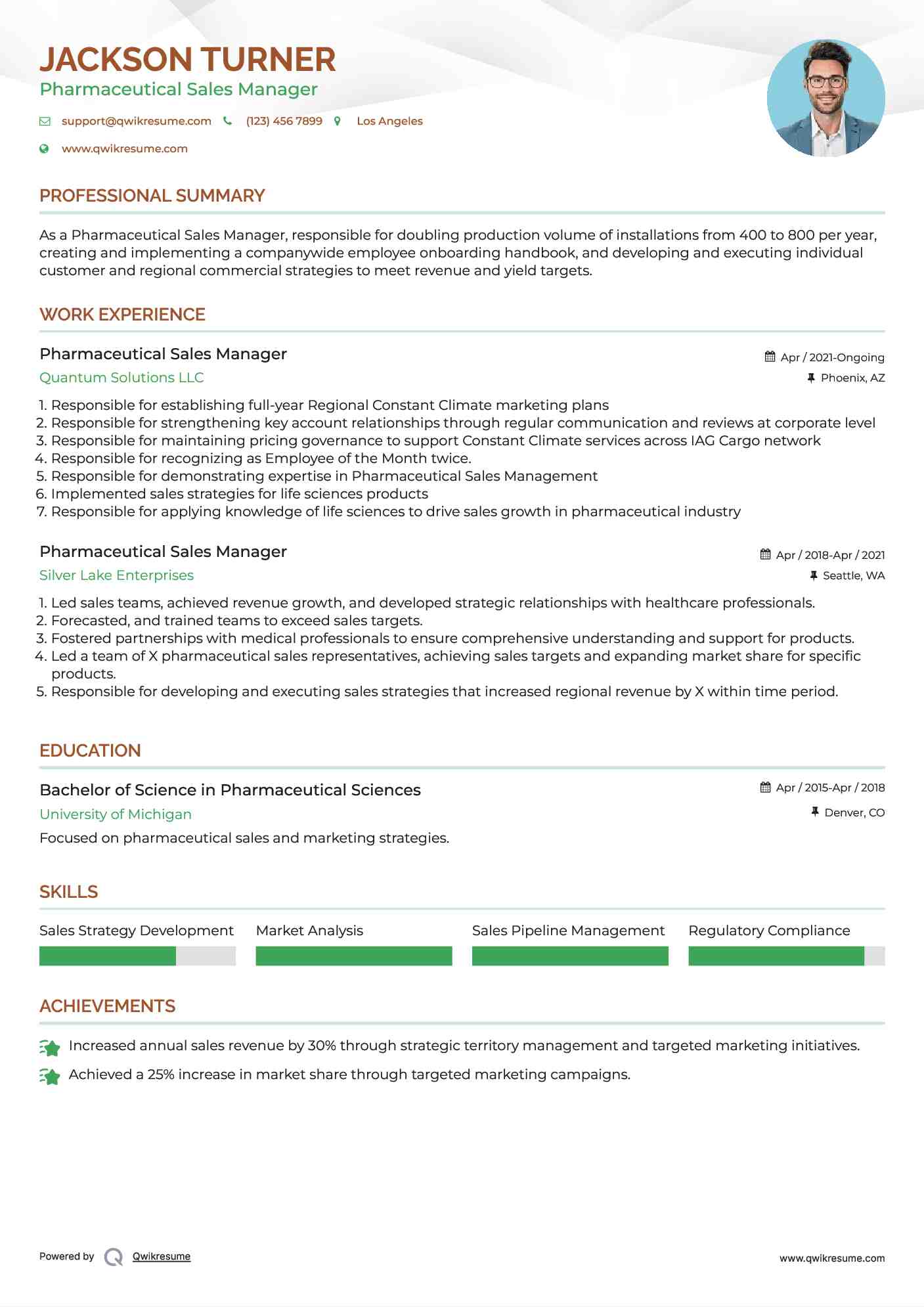 Pharmaceutical Sales Manager Resume Example