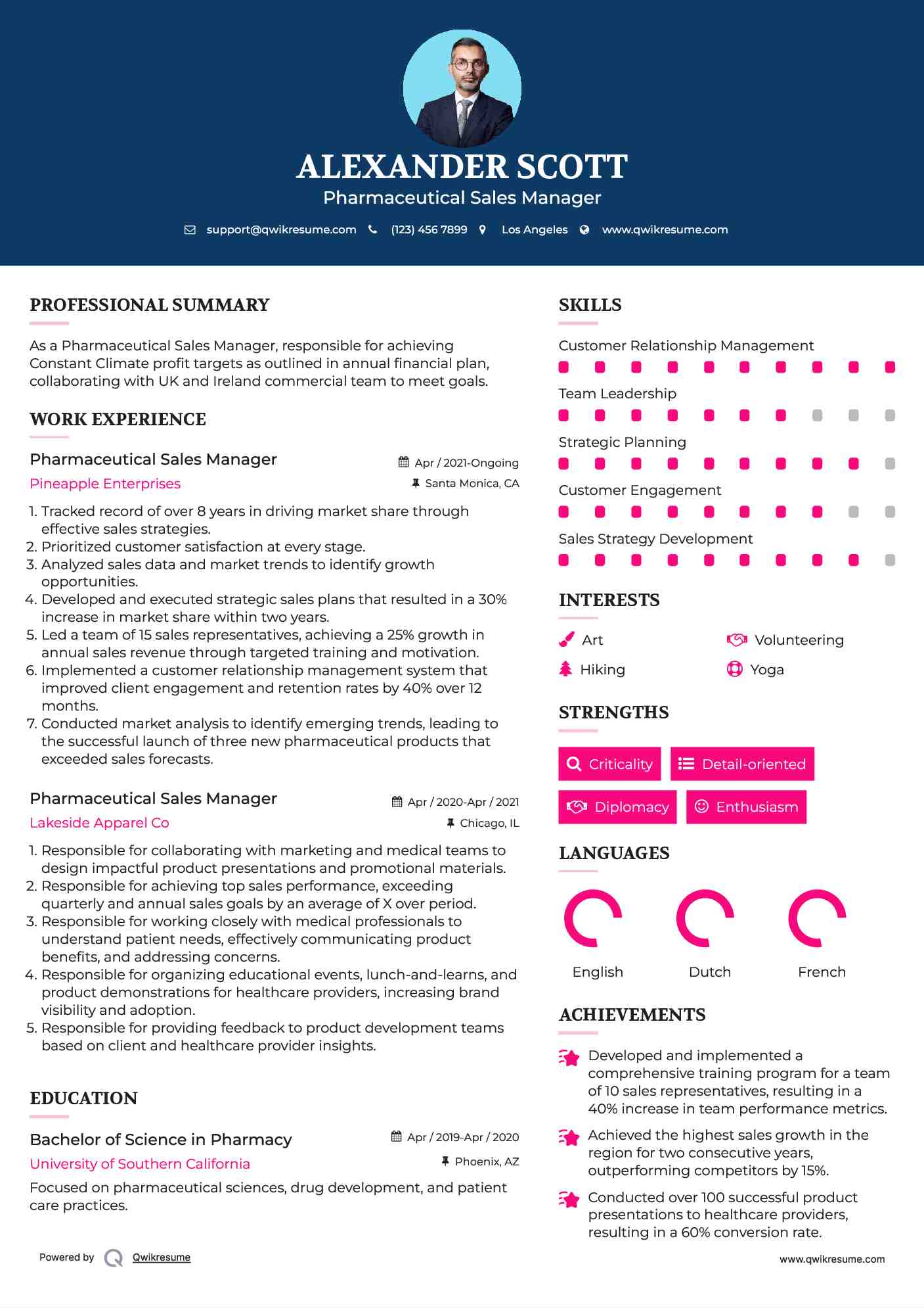 Pharmaceutical Sales Manager Resume Model