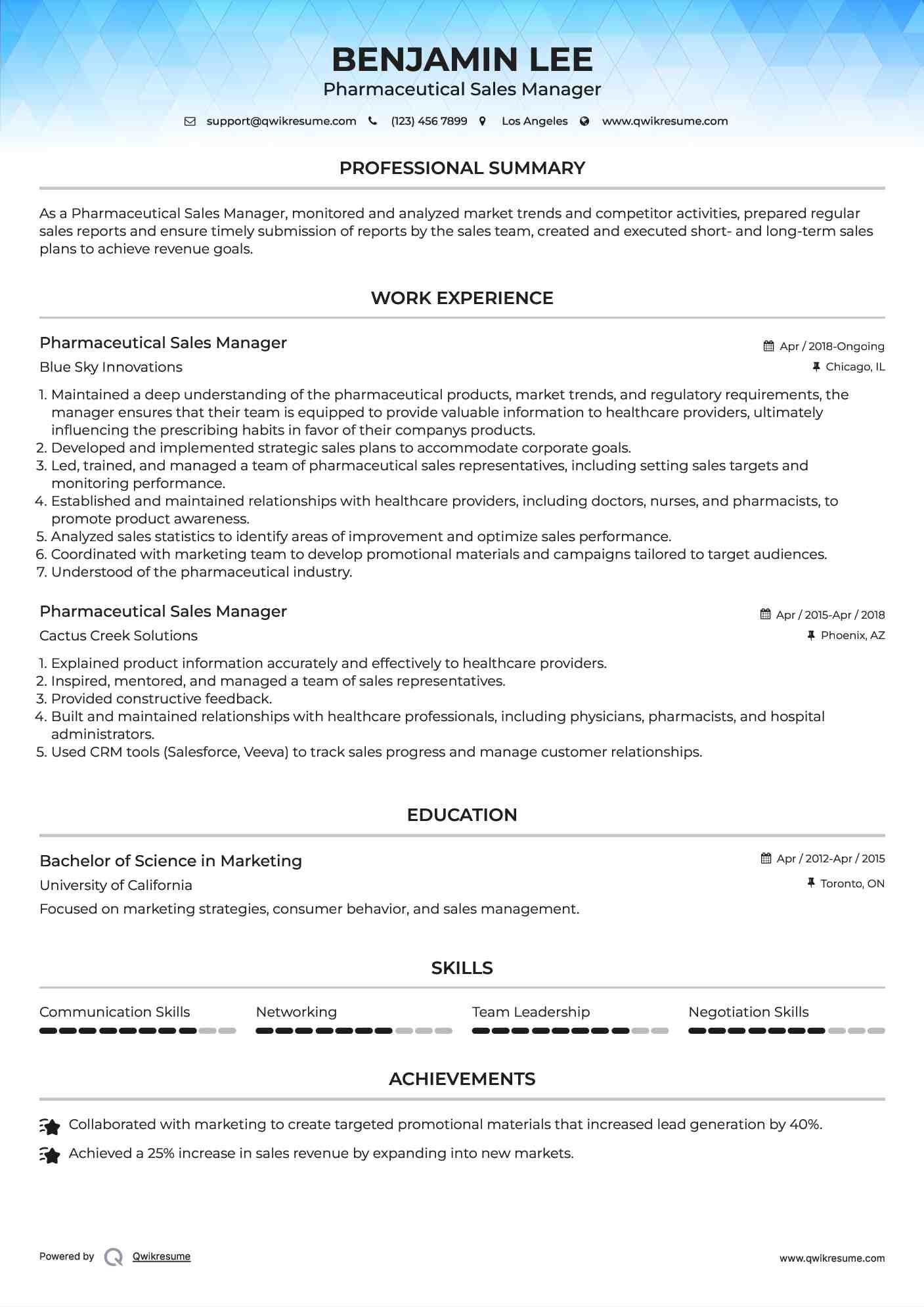 Pharmaceutical Sales Manager Resume Sample