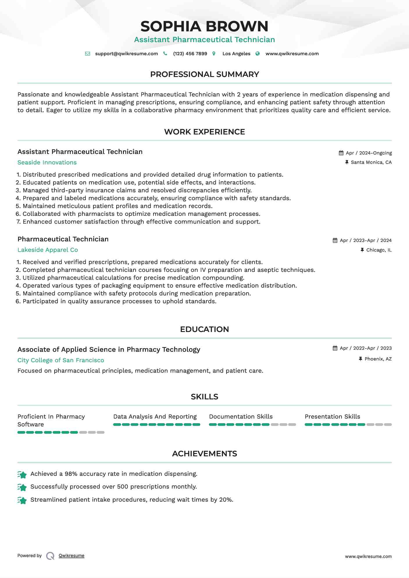 Assistant Pharmaceutical Technician Resume Format