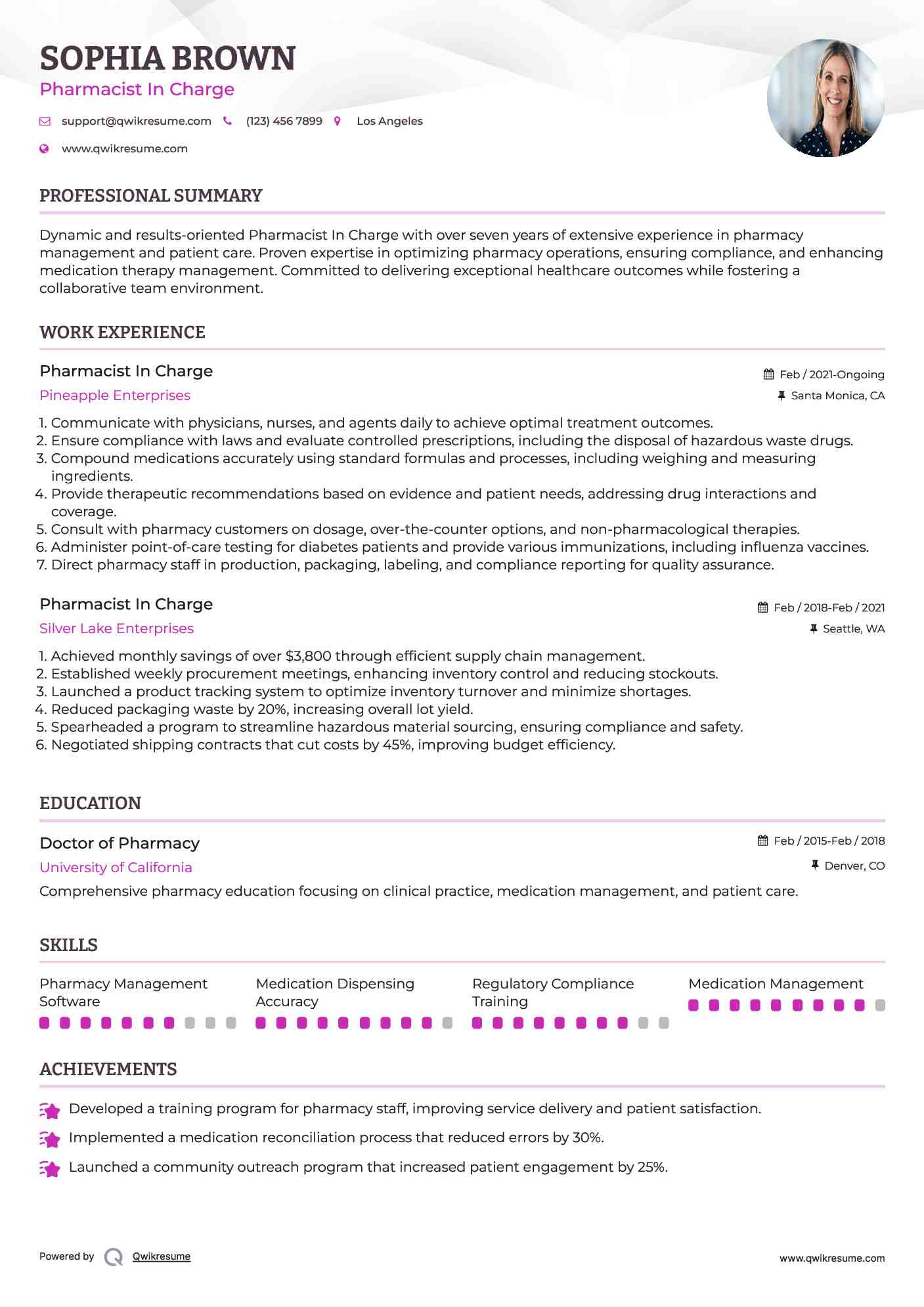 Pharmacist In Charge Resume Sample