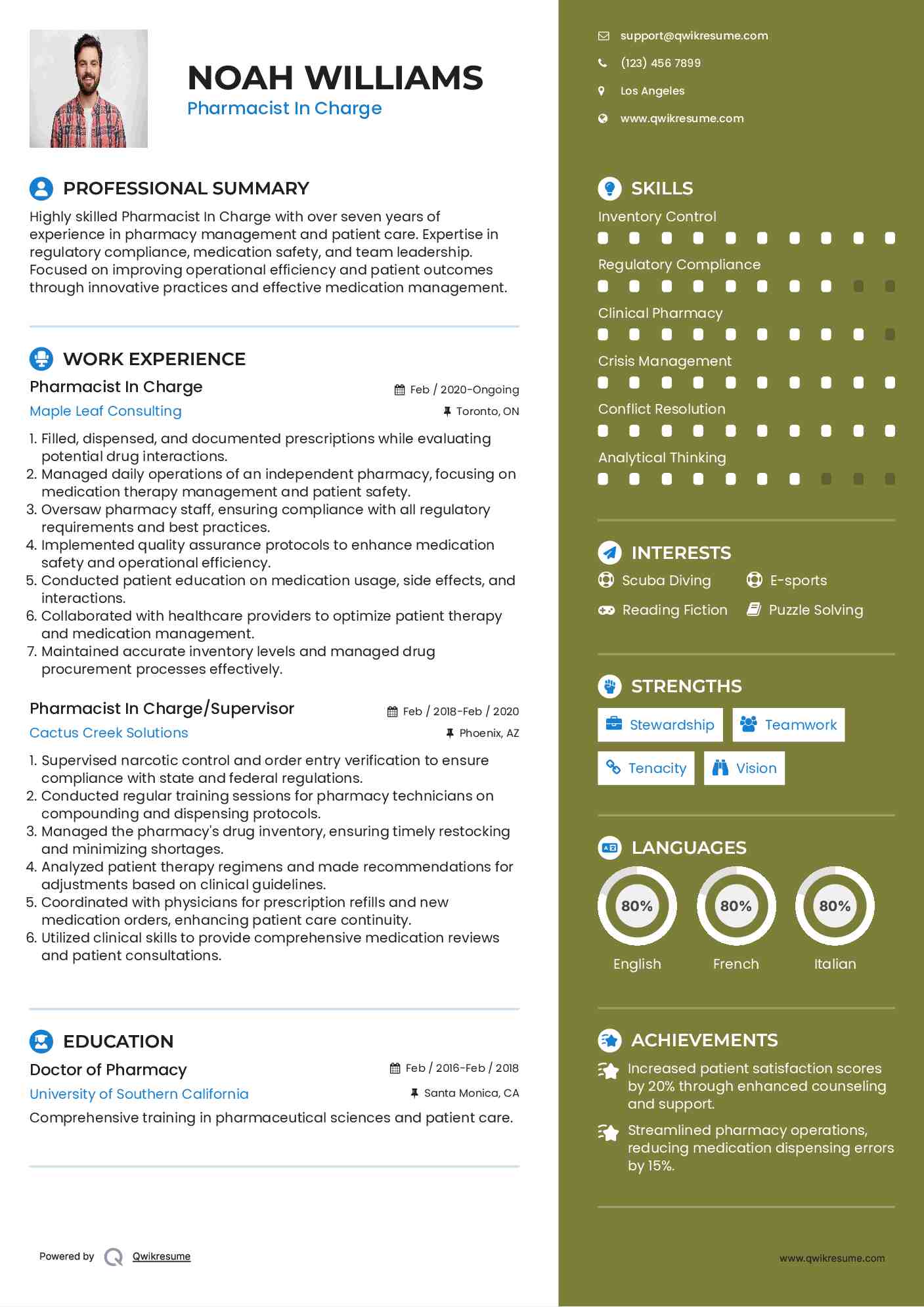 Pharmacist In Charge Resume Sample