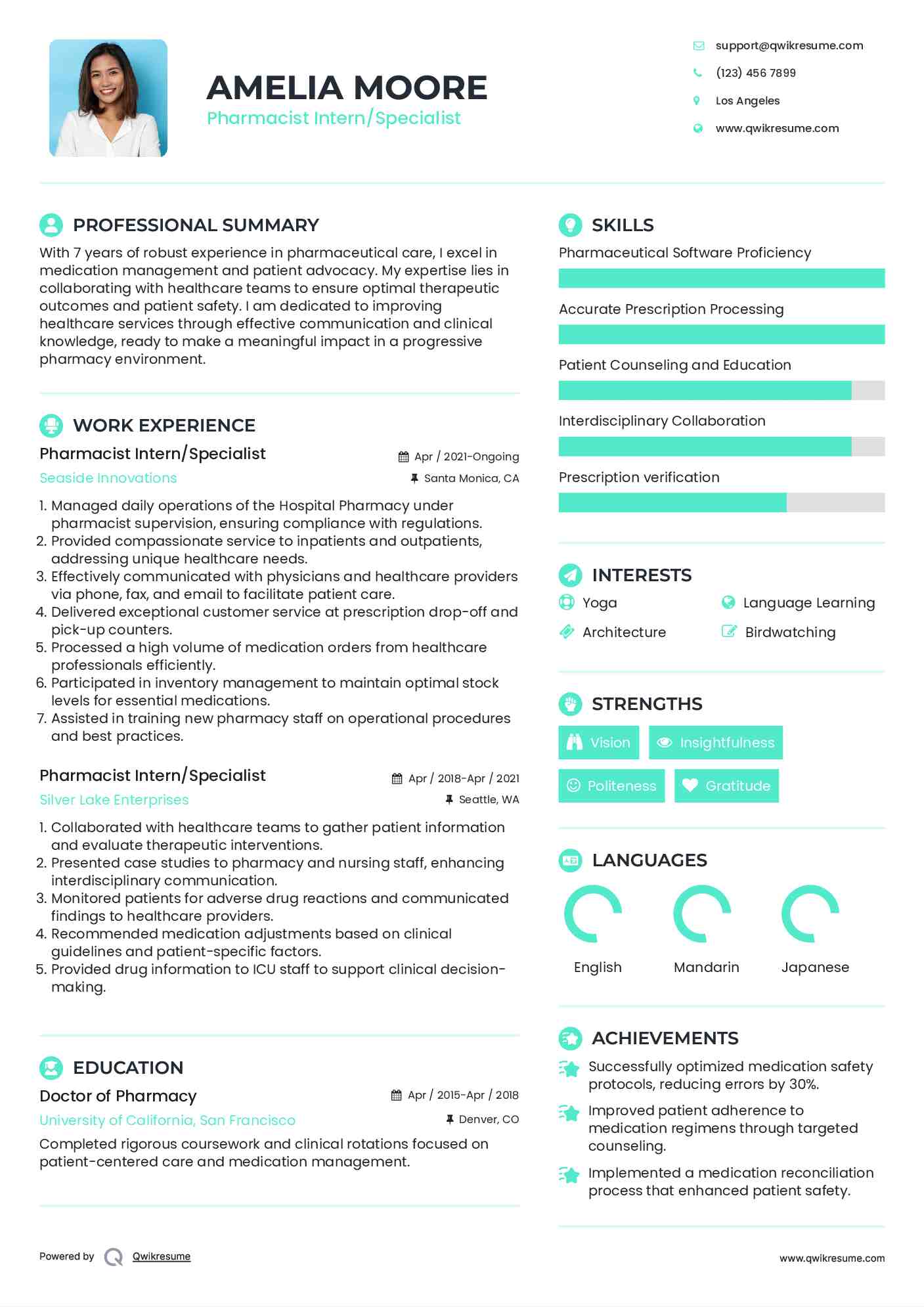 Pharmacist Intern/Specialist Resume Format