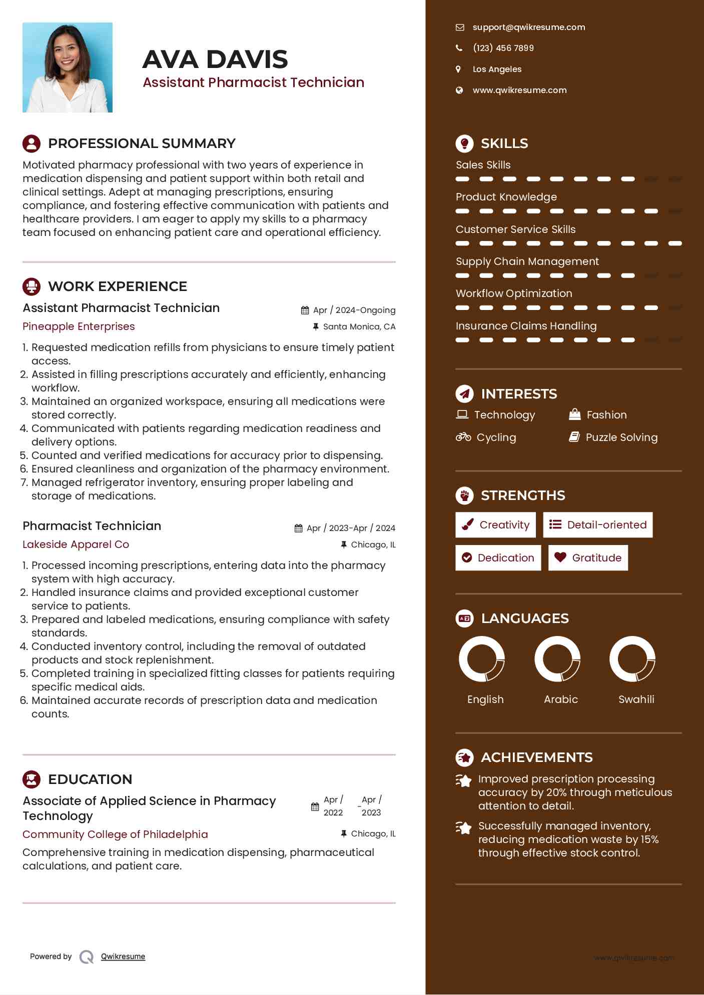 Assistant Pharmacist Technician Resume Example