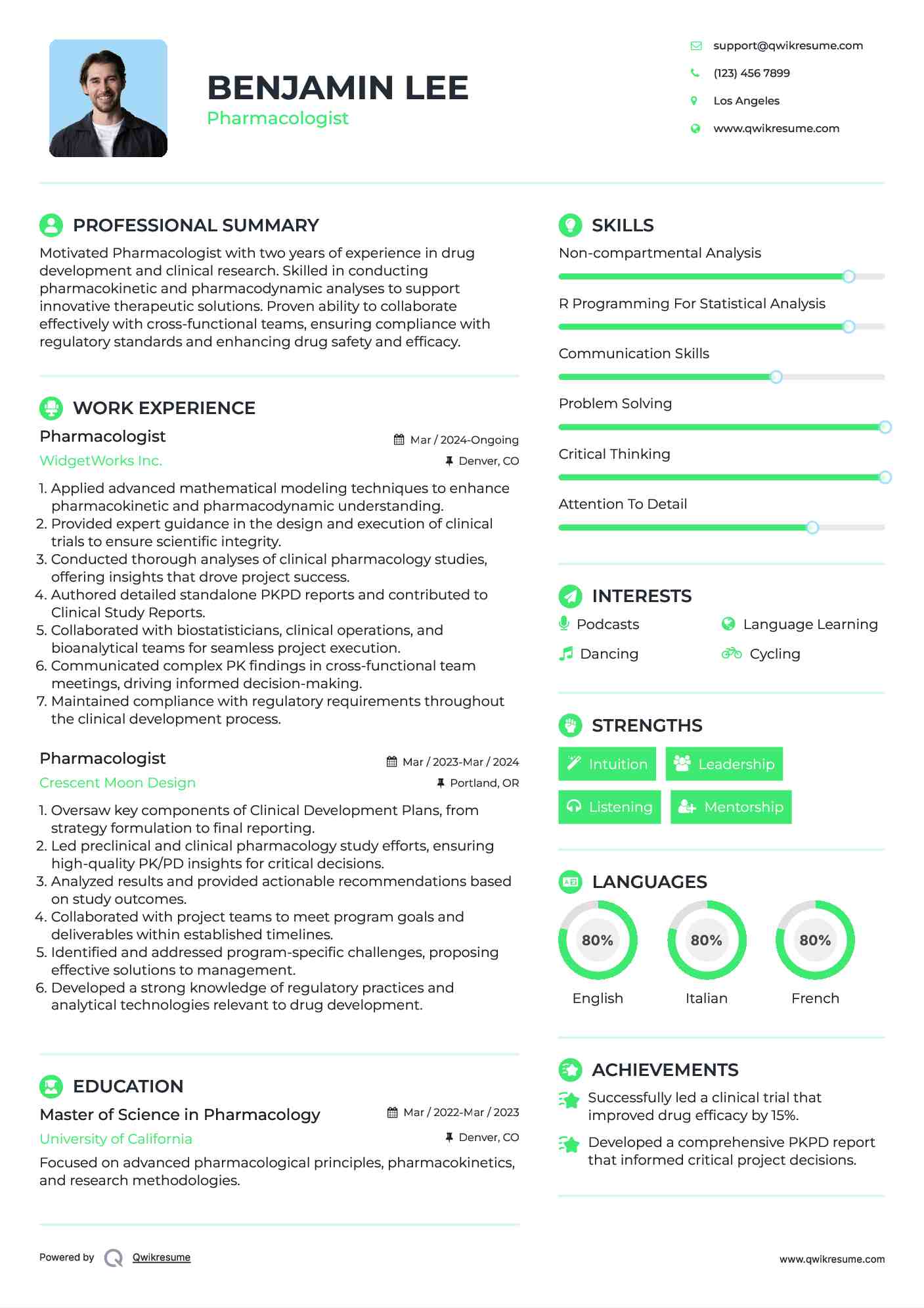 Pharmacologist Resume Example