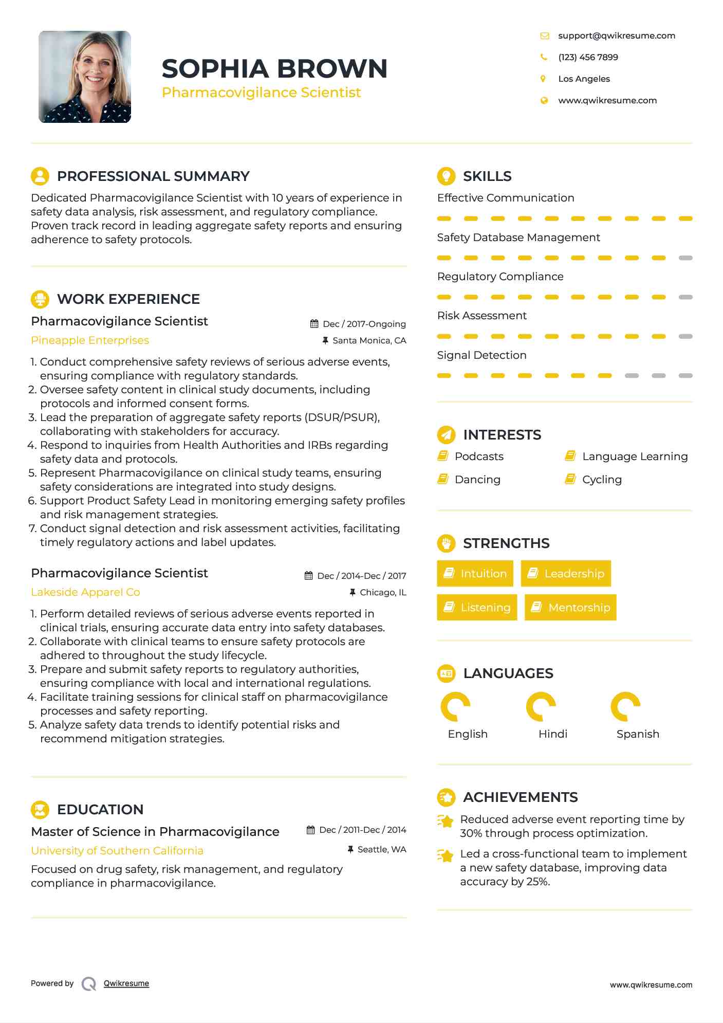 Pharmacovigilance Scientist Resume Template